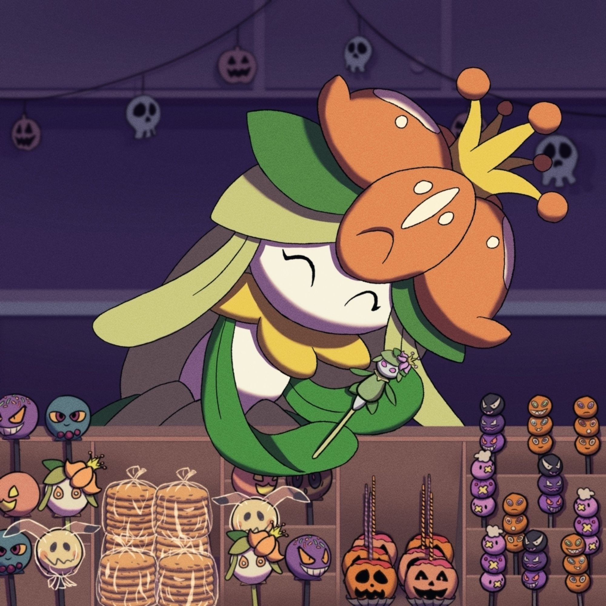 A lilligant vendor selling various halloween-themed treats. She is presenting a dango that looks like hisuian lilligant to the viewer in an attempt to sell it.
 Many of the treats resemble other pokemon. Their are gengar, misdreavus, phantump, gourgeist and mimiku cake pops on the left. The dangos on the right resemble rotom, drifloon, drifblim, gastly, haunter, and gengar.
 there are also bags of cookies and jack-o-candy apples in the middle.