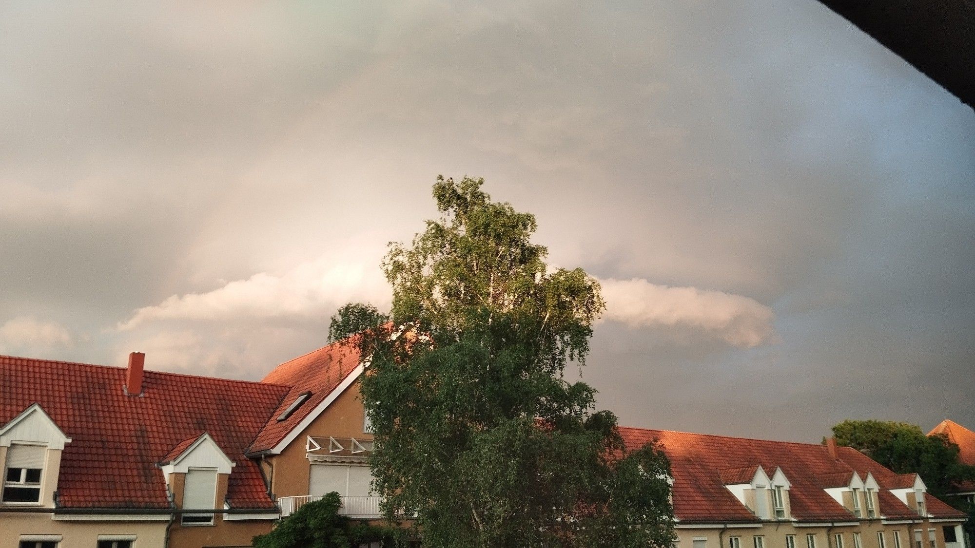 Unten im Bild sind rote Ziegelsteindächer zu sehen. In der Mitte ragt ein grüner Baum empor. Am Himmel sind dunkle Regenwolken sowie mittig eine hellere, vom Sonnenlicht angestrahlte kreisförmige Wolke zu sehen.