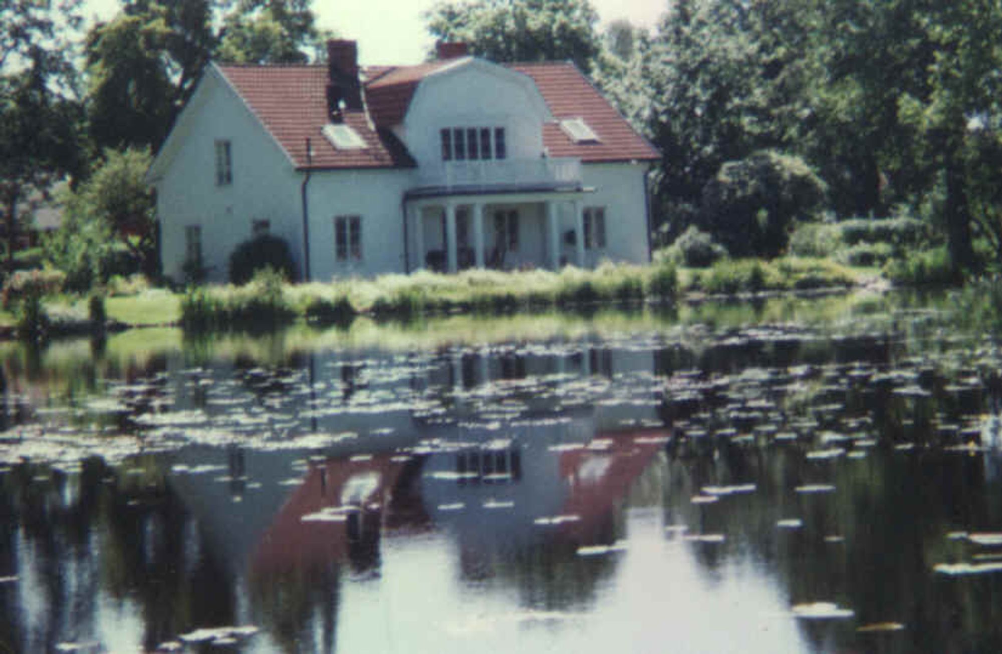 An einem Seeufer steht mittig im Bild ein weißes Haus mit roten Ziegeln. Das Haus ist umrahmt von grünen Wiesen, Bäumen und Gräsern. Auf dem  See liegen viele Seerosenblätter.