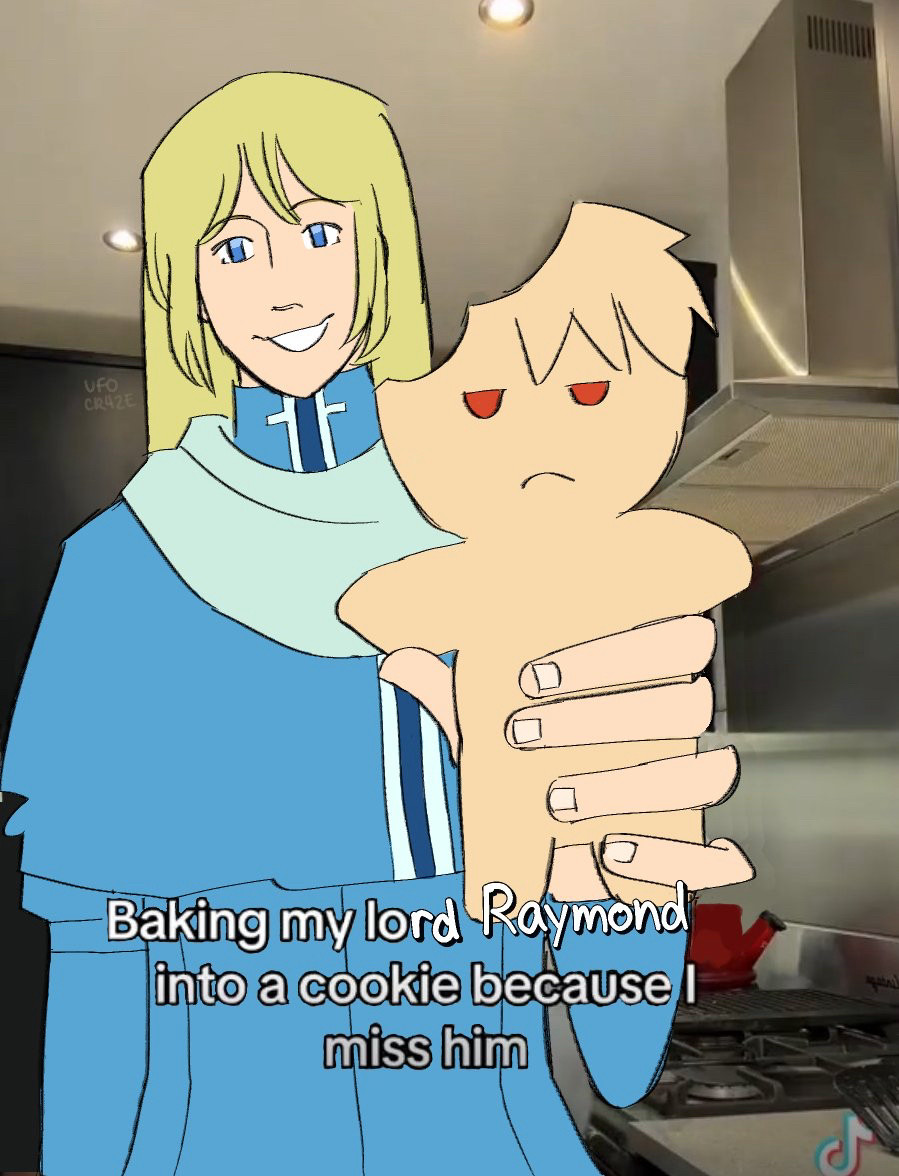 Lucius from Fire Emblem 7 smiling and holding up a cookie in the shape of Raven. Text reads “Baking my lord Raymond into a cookie because I miss him.”