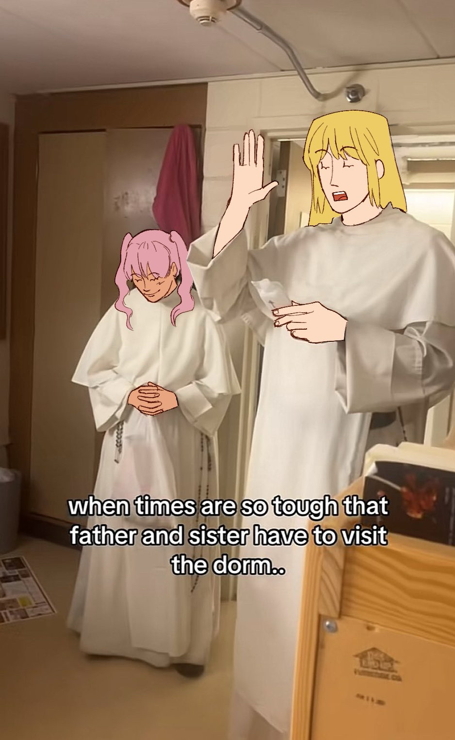 Serra and Lucius from Fire Emblem praying in a dorm room. Lucius is holding holy water and blessing the room. Text reads “when times are so tough that father and sister have to visit the dorm…”