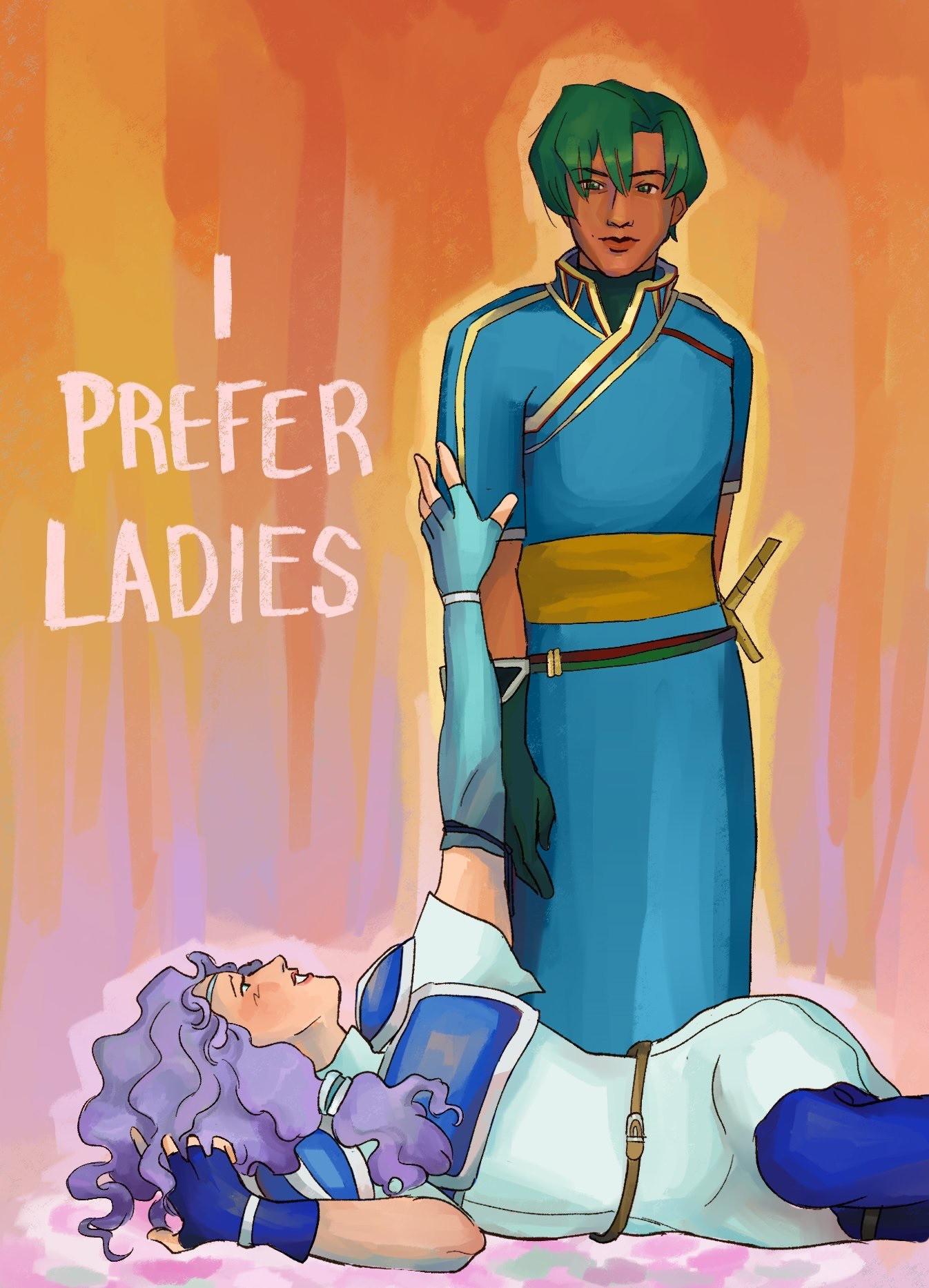 Lyn and Florina from afire Emblem. Lyn has her hair cut short and is standing while Florina is laying on her side and reaching up to her. The background is the colors of the lesbian flag and text reads “I prefer ladies.”