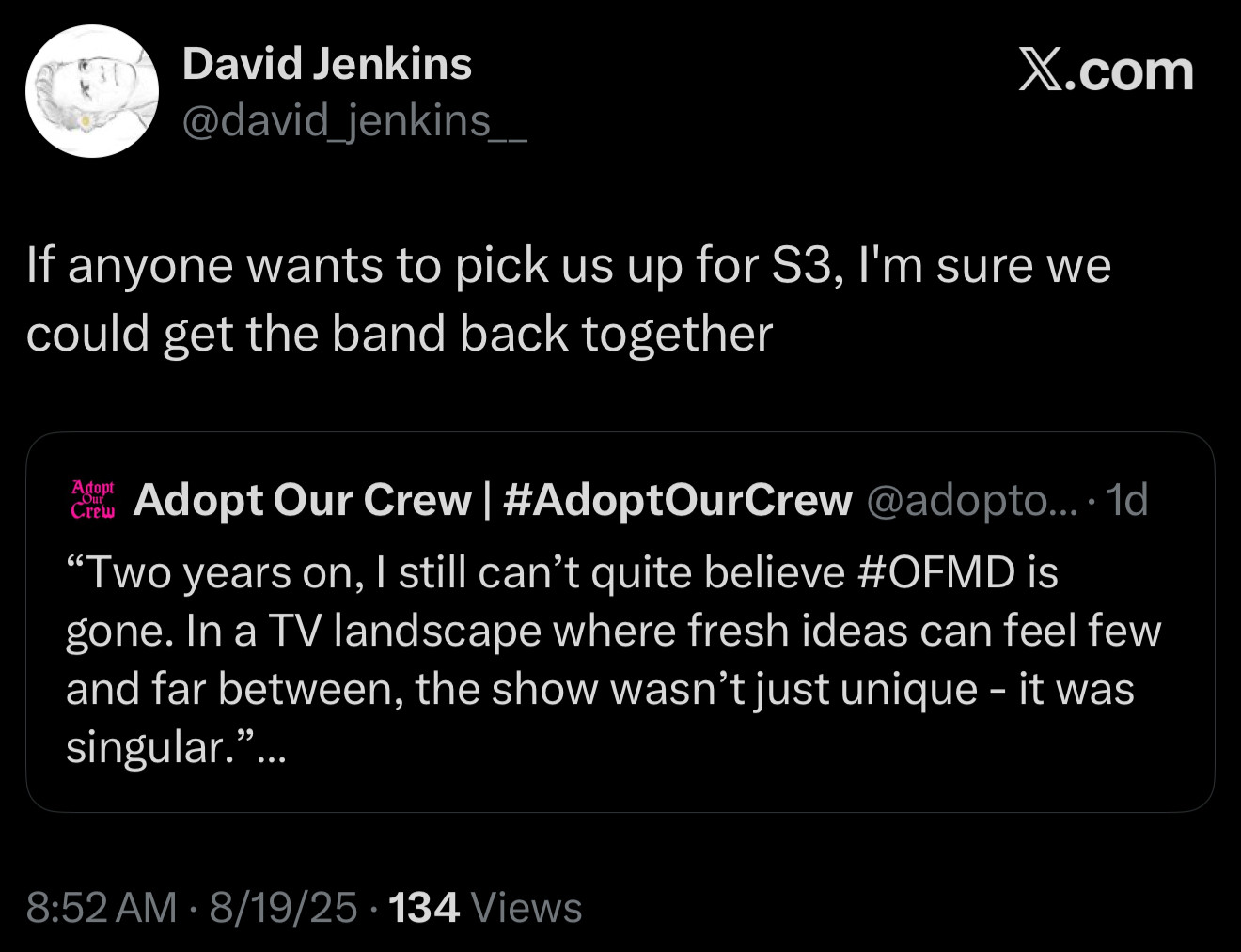 A screenshot from Twitter “If anyone wants to pick us up for S3, I'm sure we could get the band back together”