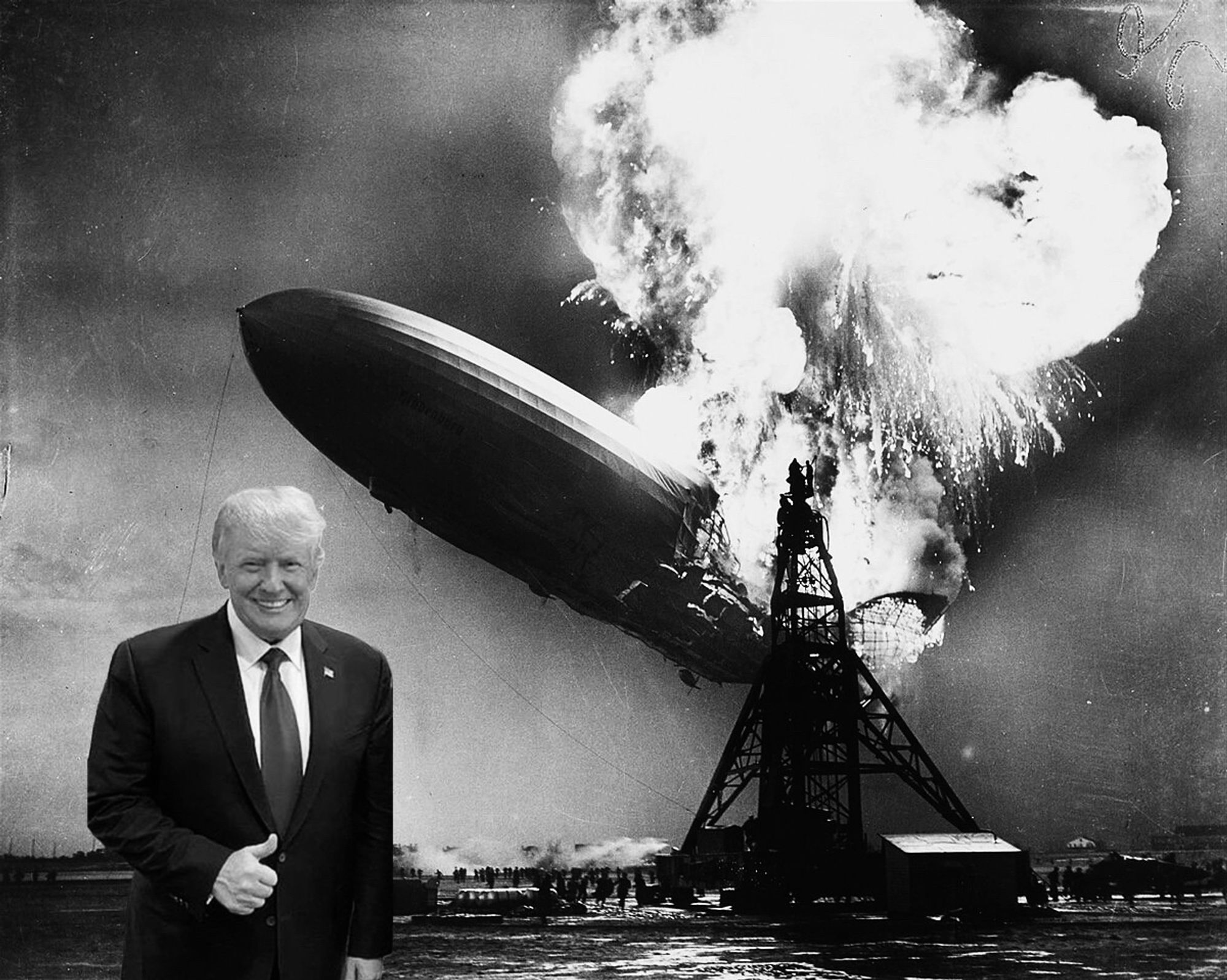 Photograph of the airship Hindenburg descending in flames, May 6, 1937, Manchester Township NJ. Donald J. Trump stands in the foreground giving a thumbs up, incongruously