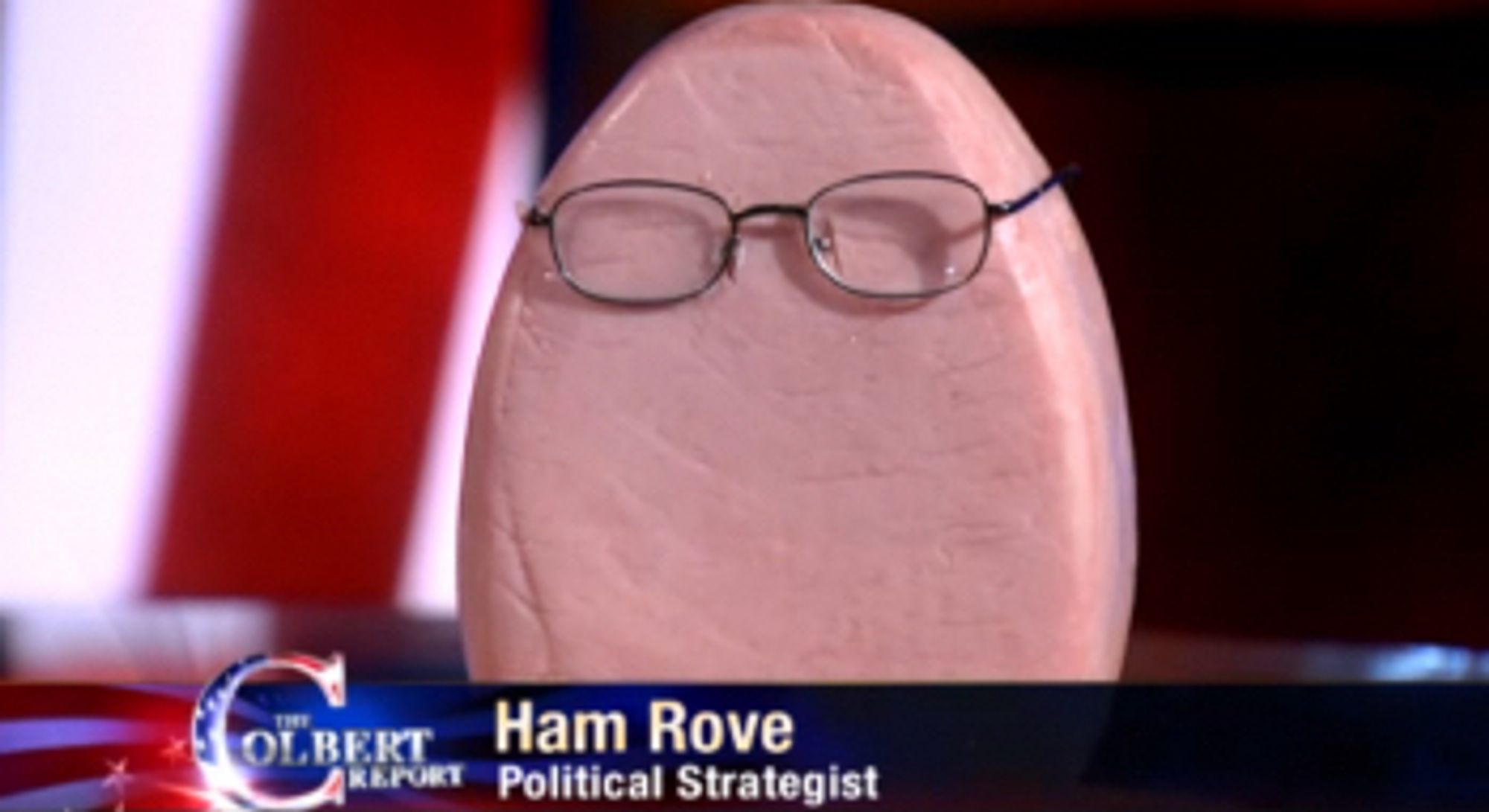 Screen grab  of The Colbert Report showing a closeup of an uncanned canned ham with glasses on so it looks like a bald head, the chyron reads “Ham Rove, Political Strategist”