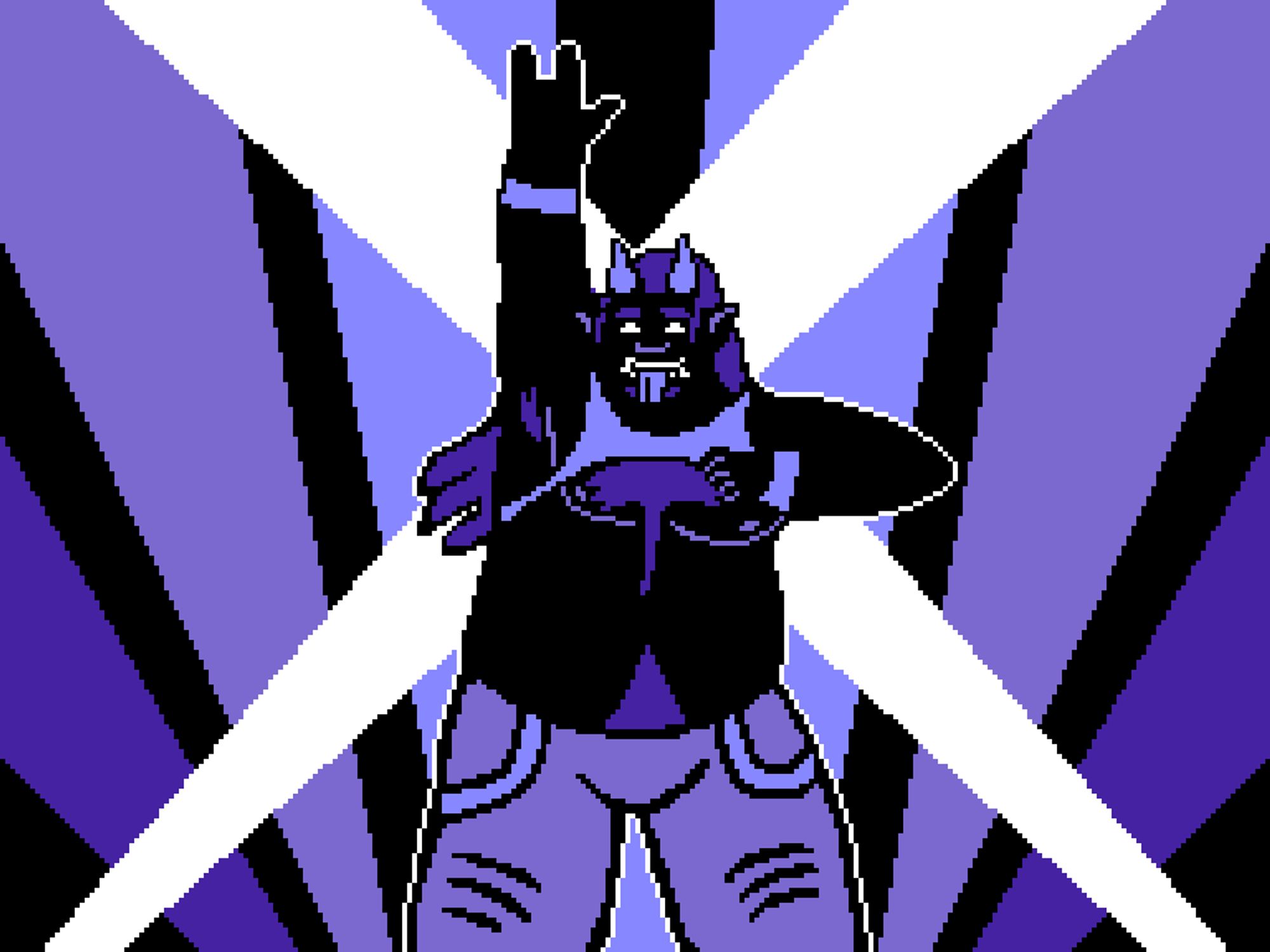 A pixel art drawing of Outis, an oni rocker. The picture uses minimal color, showing Outis in silhouette with minor detailing. With one hand he is making "rockstar" horns and with the other he is holding up his shirt to reveal his hairy chest.