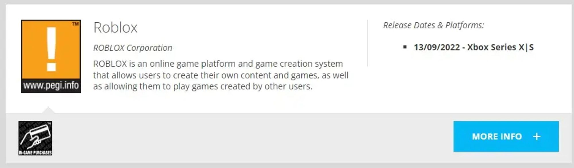 PEGI rating descriptor for Roblox giving the game a ! rating saying that it is an online game platform that allows users to create and share their own content.