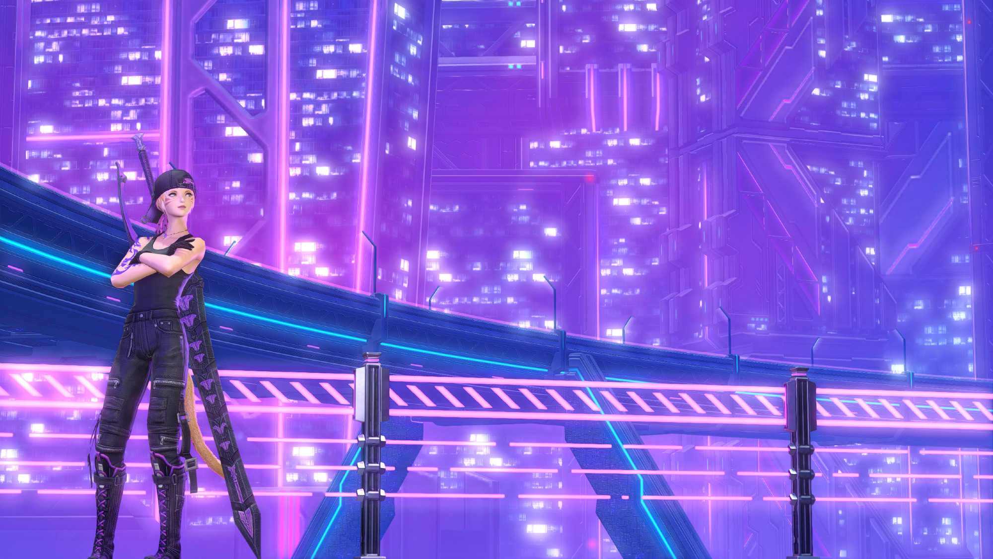 A blonde, fair-skinned Miqo'te in black leather with purple accents and a black greatsword with purple accents, stands against a glowing pink fence against the backdrop of Solution 9's vaporwave cityscape in purples and pinks. She is framed to the left side of the image, which is centered on a street that crosses the center horizontally and curves toward the camera on the left edge of the image.