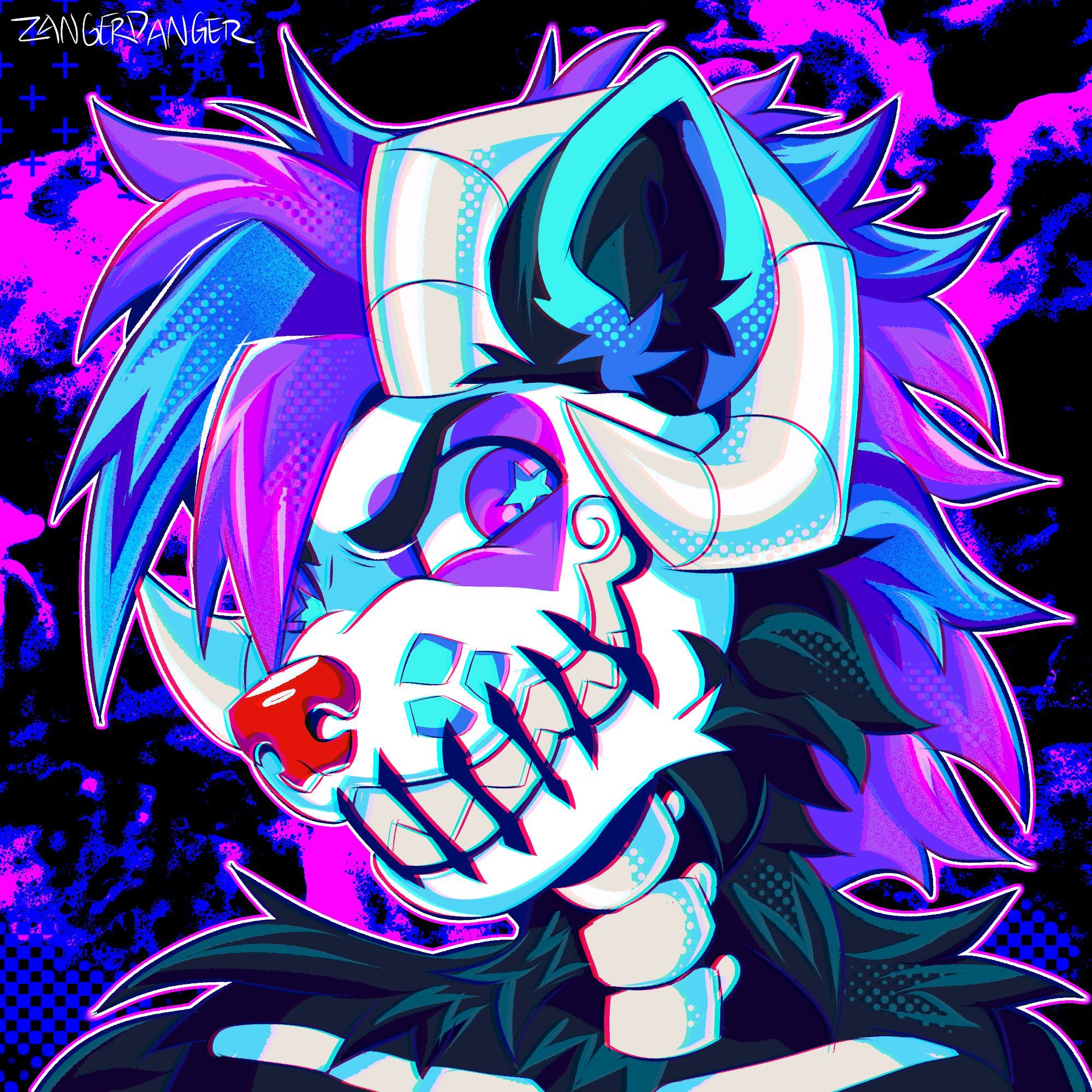 A digital icon illustration of a anthro hyena clown with an oversized grin with stitches going through the lips of the mouth. They have a blue and purple mowhawk and ram-like horns. They also have a skeleton neck.