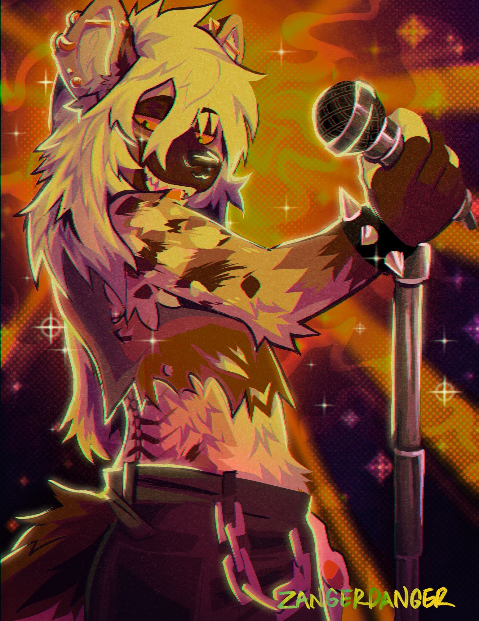 A waist-up digital illustration of Sylas, a anthro african wild dog, standing on stage looking over his right shoulder at the camera with his hand on a microphone. Sylas has different shades of brown spotting over his shoulders, and a brown centipede tattoo poking out underneath his crop top shirt. Sylas is also wearing grey pants with a chain on his front belt loops and on his wrist is a spiked bracelet. The light from the stage lights outline Sylas to give him a glowing look.