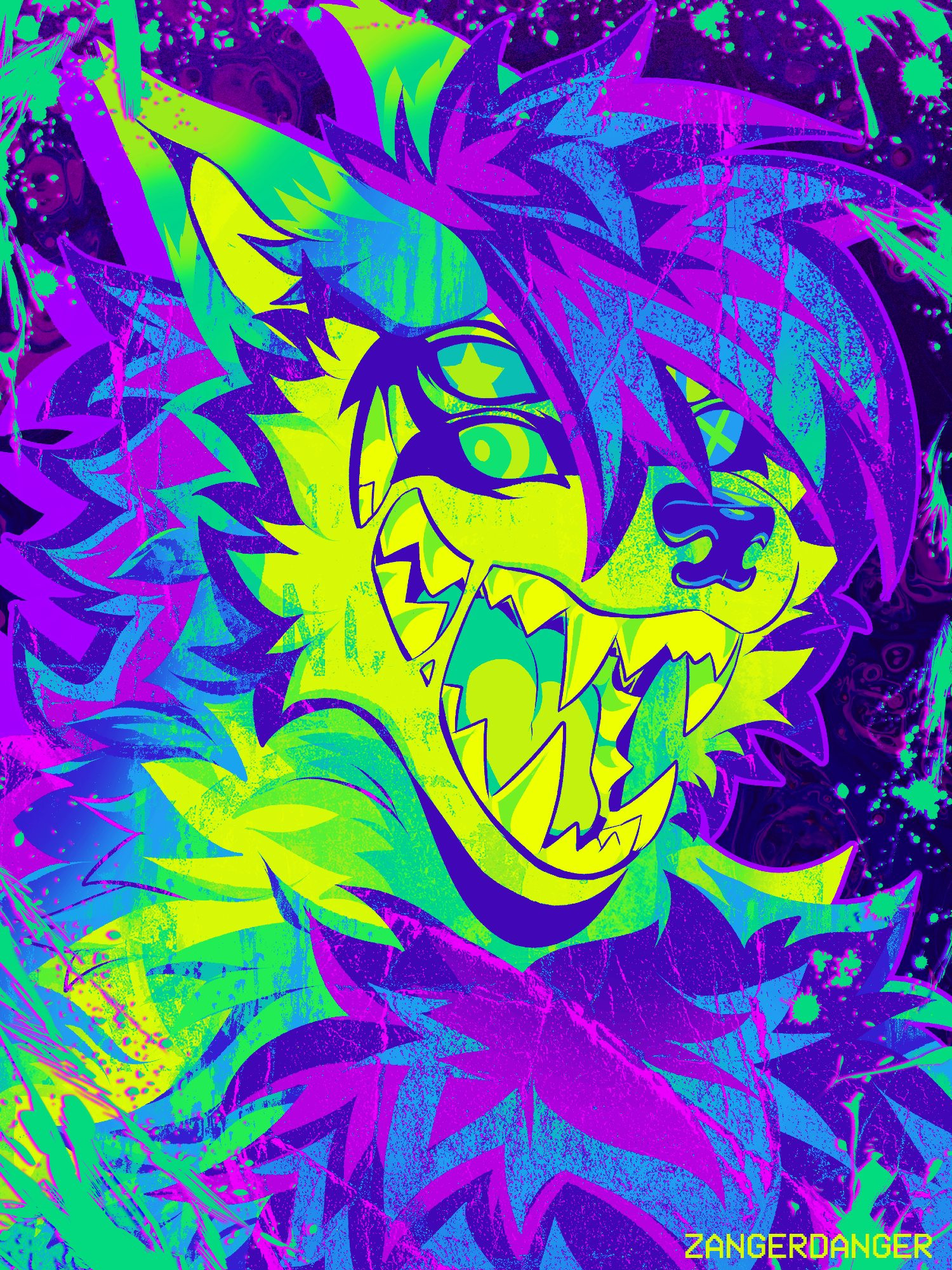 A digital illustration of an anthro canine with two sets of wild eyes smiling wide as their mouth splits open. Each of their eyes has a different pattern to them. The illustration uses bright saturated colors with grungey textures to give the piece a feeling of wild feral energy. The edges of the illustration are covered in paint splatters.