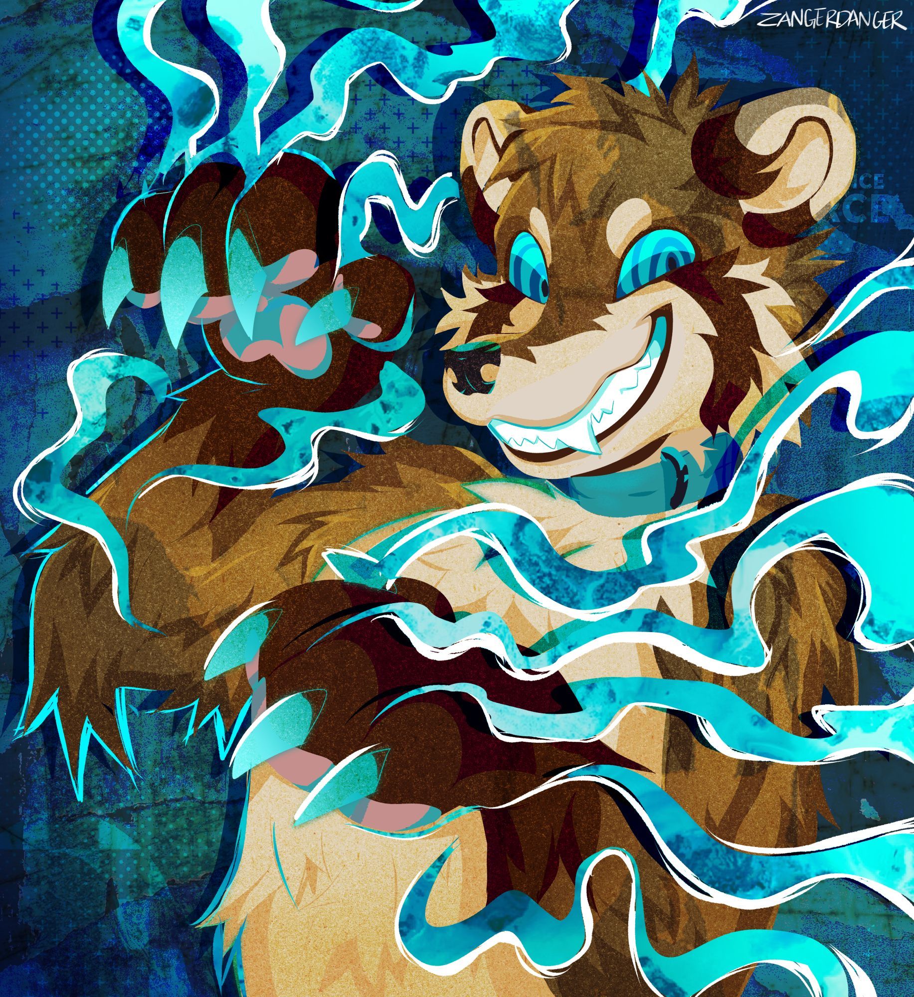 A digital illustration of an anthro raccoon with a wide grin and his paws up and claws out. There are cyan swirls coming from his paws. There are textures overlaid on top of everything.