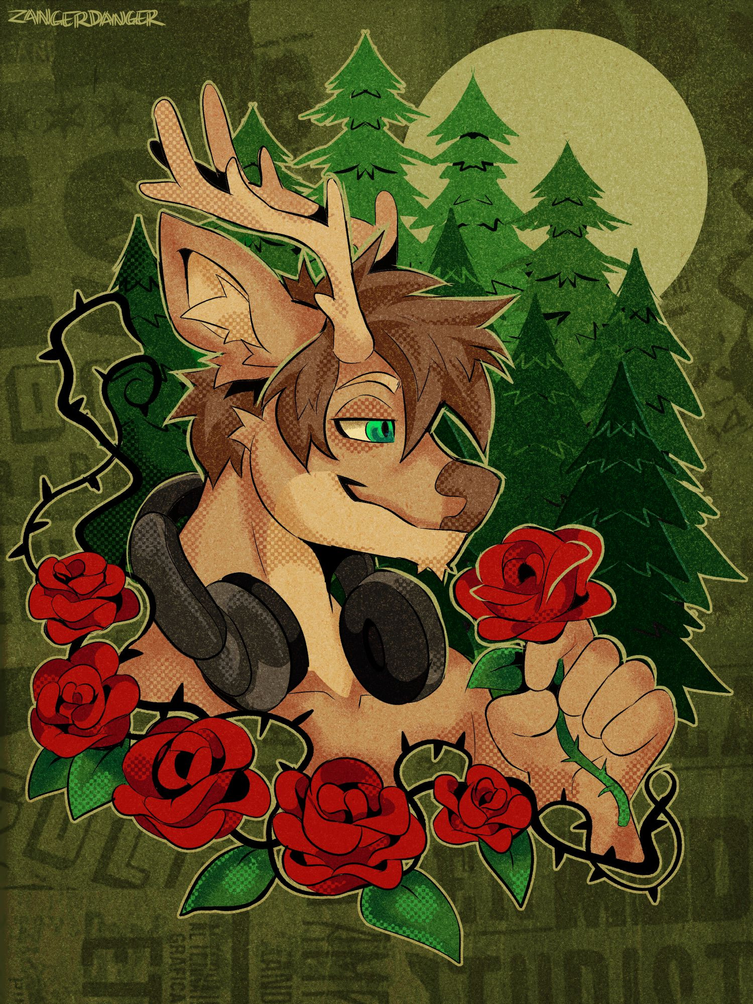 A digital illustration of a anthro deer facing the right. He is wearing gray headphones and has messy brown hair on his head while holding a rose in his hand. He is framed by messy thorns and roses, with a forest behind him. There is texture added to give an old illustration feel.