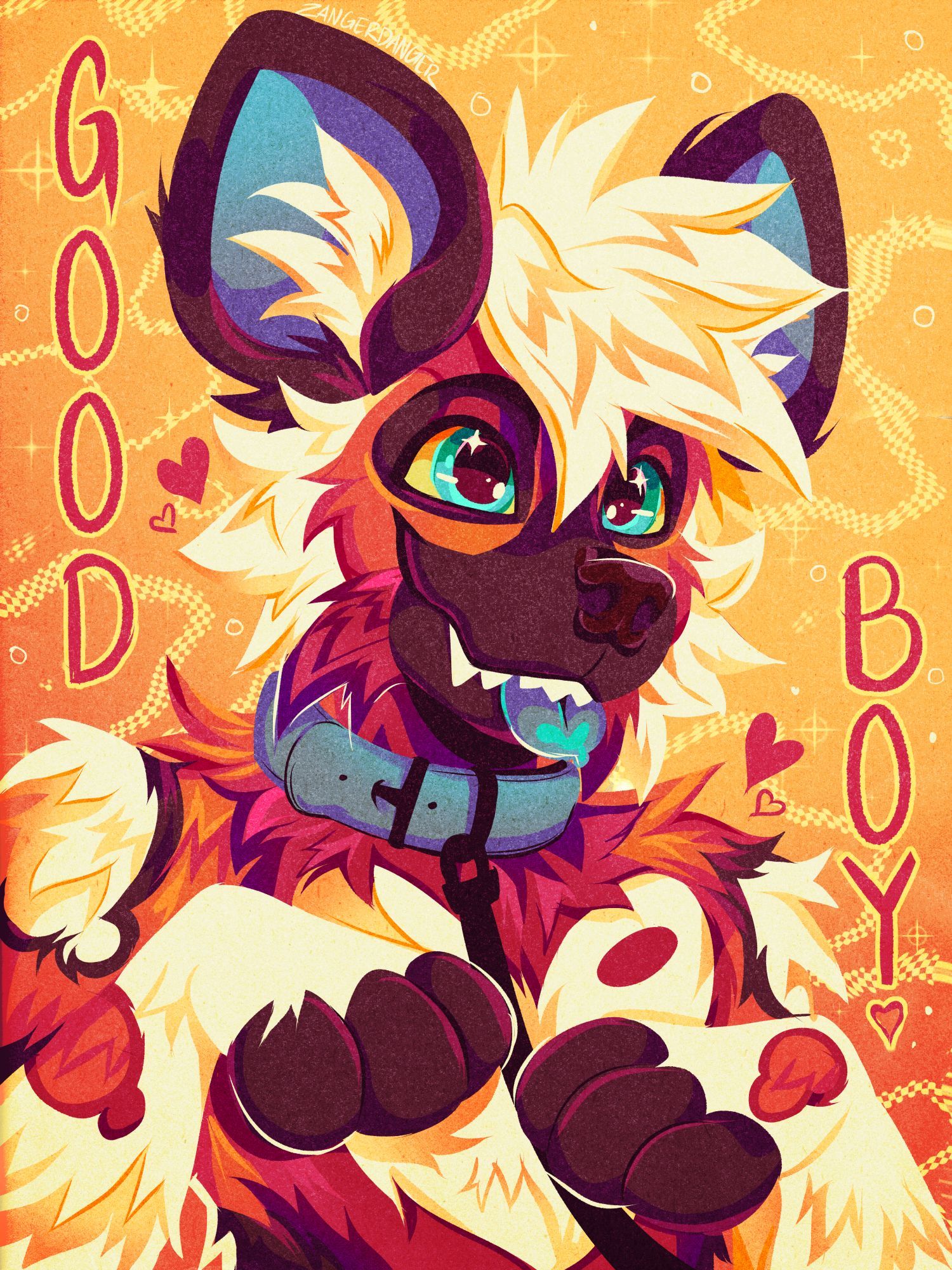 A digital illustration of a warm toned African Wild Dog wearing a collar with their paws up. They are looking up with big sparkly eyes and has a leash attached to their collar. There is text on the sides that says "Good Boy"