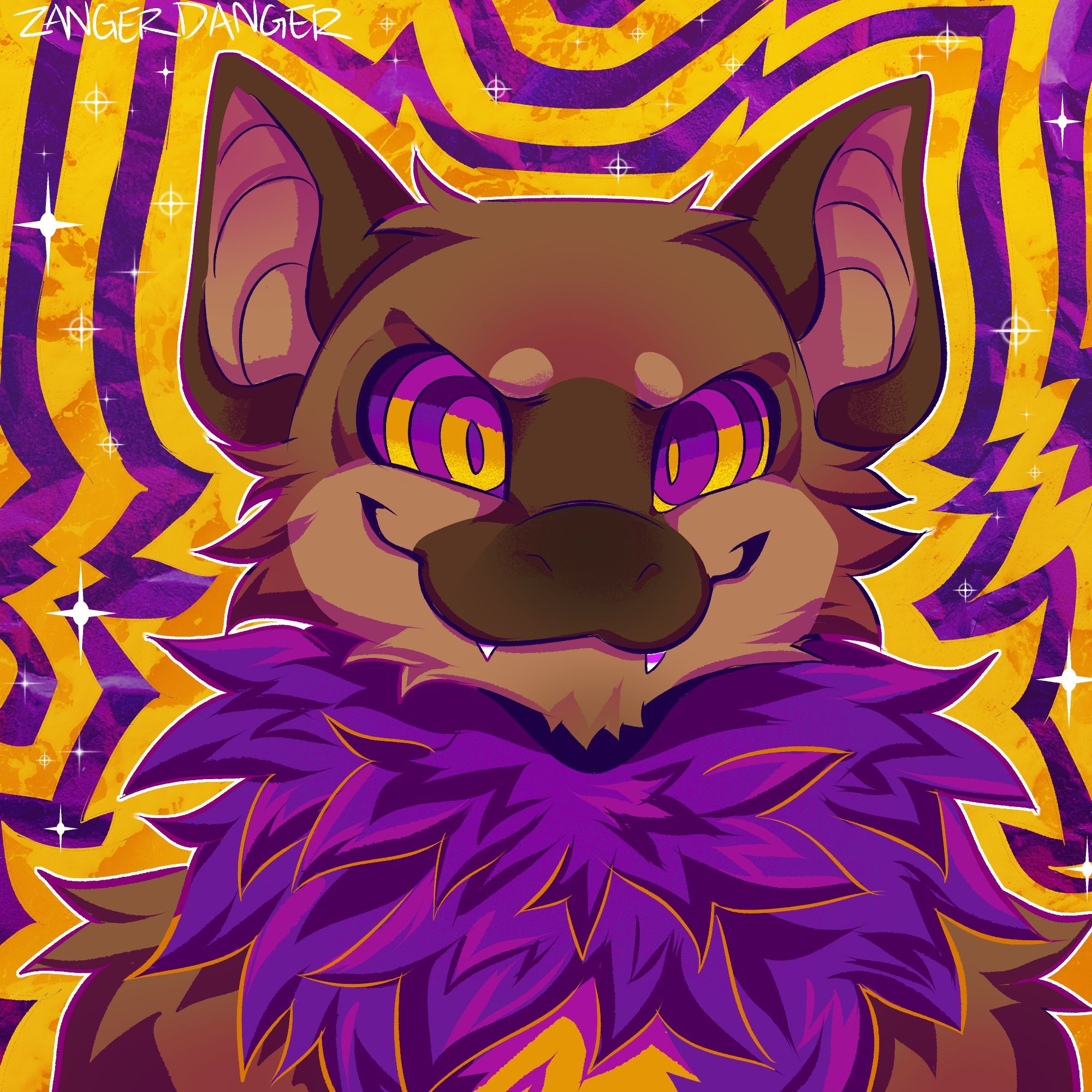 A digital icon illustration of a anthro bat looking at the viewer with purple and orange hypno eyes. They have a big fuzzy neck fluff that is purple with an orange dot in the middle. The background is a trippy pattern of purple and orange, giving a cool hypno effect.