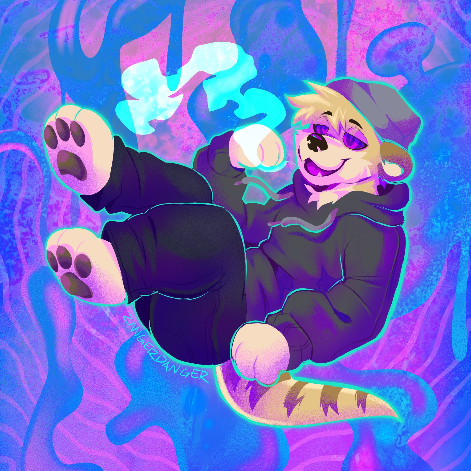 A digital illustration of an anthro meerkat named Miles floating in lava lamp goo. He's breathing out a plume of blue smoke.