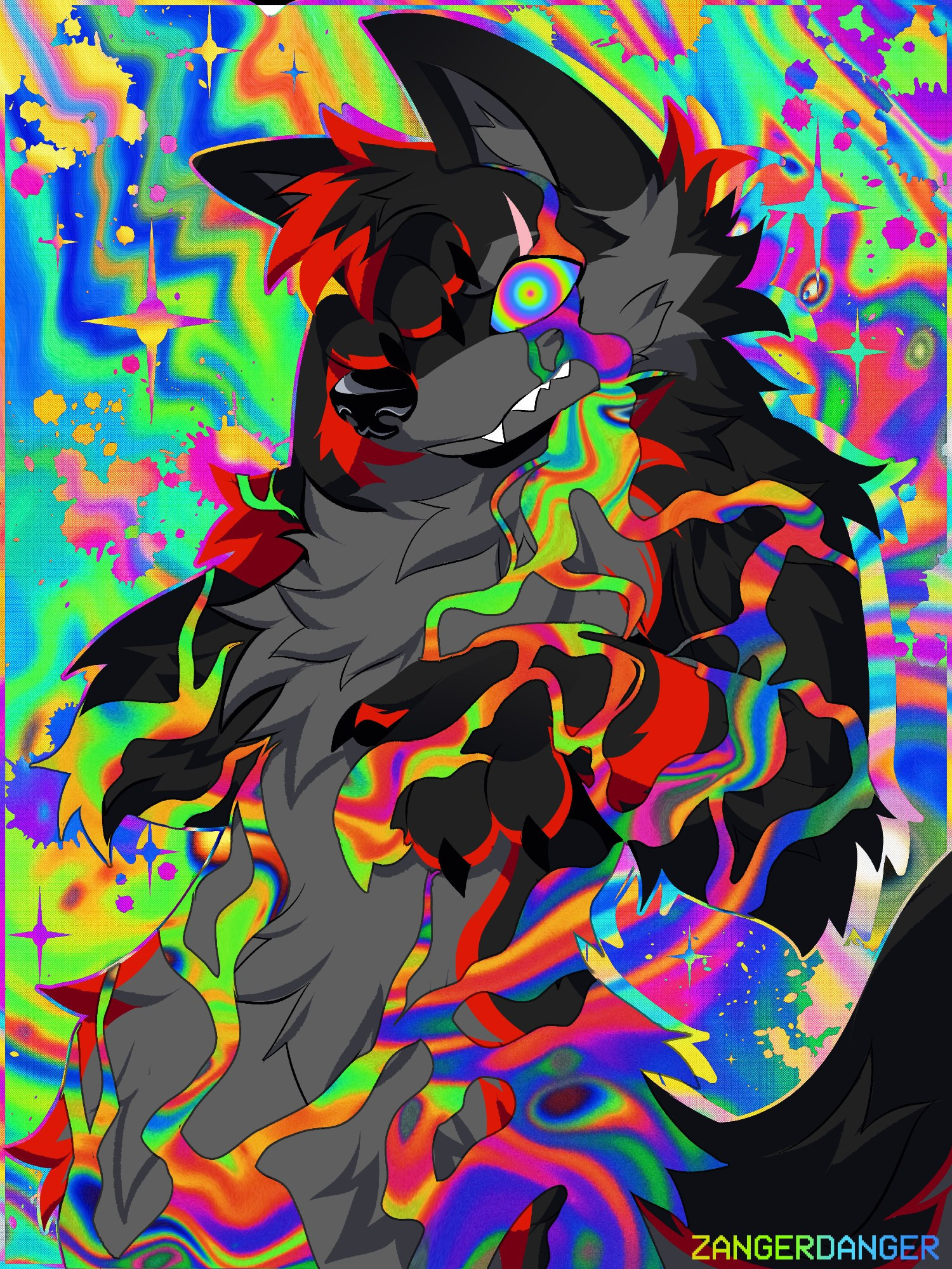 A digital illustration of a black and red wolf, named Fenrik, holding his muzzle with hypnotic rainbow eyes. Fenrik is covered in rainbow textured corruption creeping up his body. The illustration uses rainbows with sparkles and paint splatters in the background.