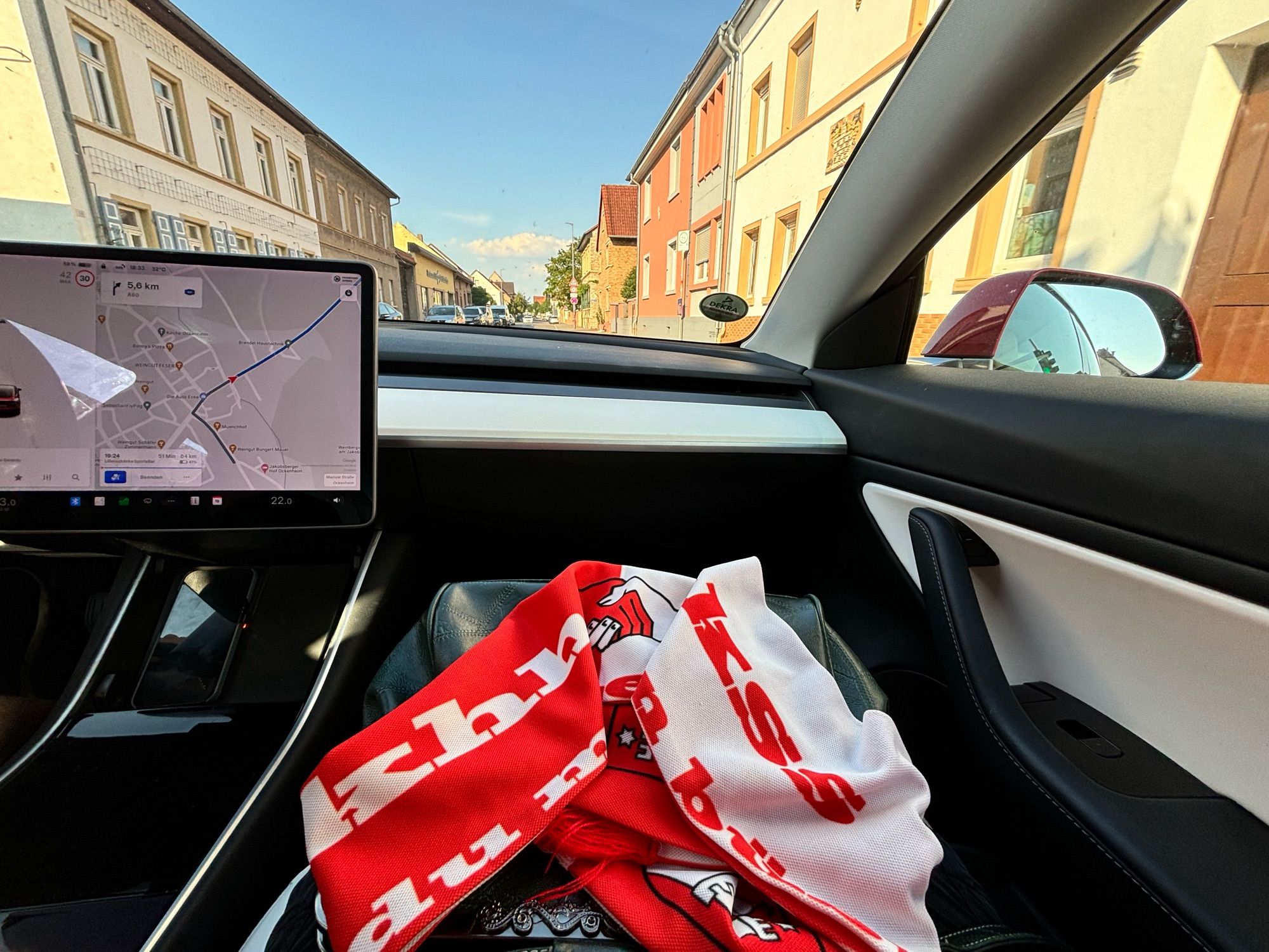 Foto aus dem fahrenden Auto. Links ist das Navi zu sehen, rechts daneben eine Handtasche auf dem Schoß, darauf ein rot-weißer Schal.