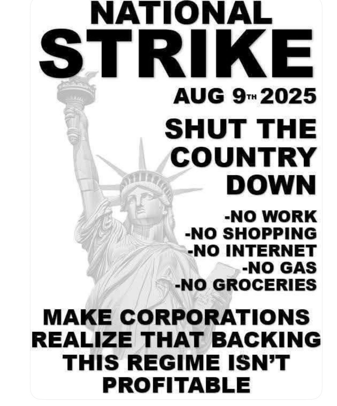 Poster for national strike, shut down the country day this Saturday, 8/9/25. White background with black print and a slightly faded grey picture of the Statue of Liberty 