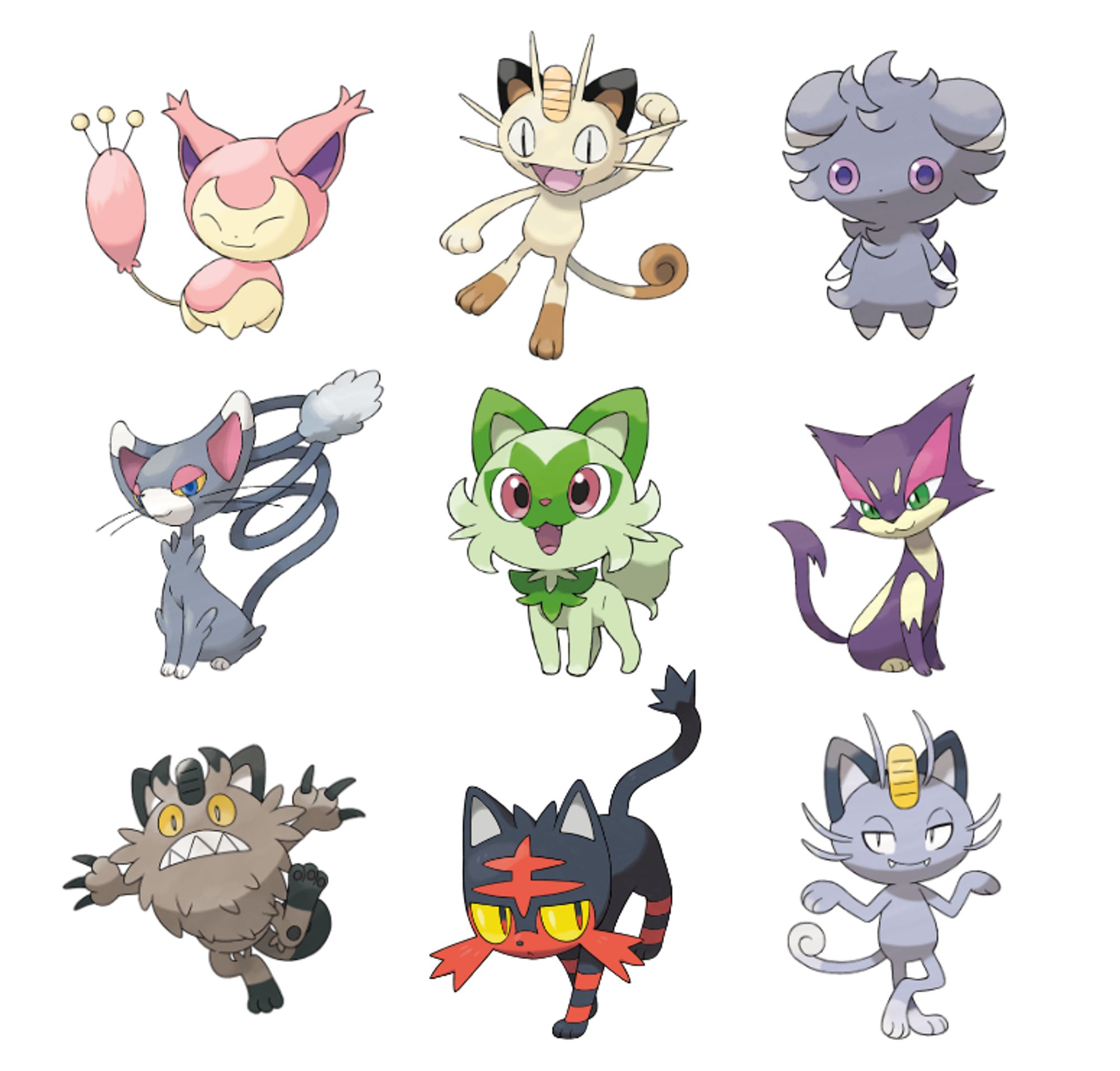 Skitty, Meowth, Espurr, Glameow, Sprigatito, Purrloin, G-Meowth, Litten and A-Meowth