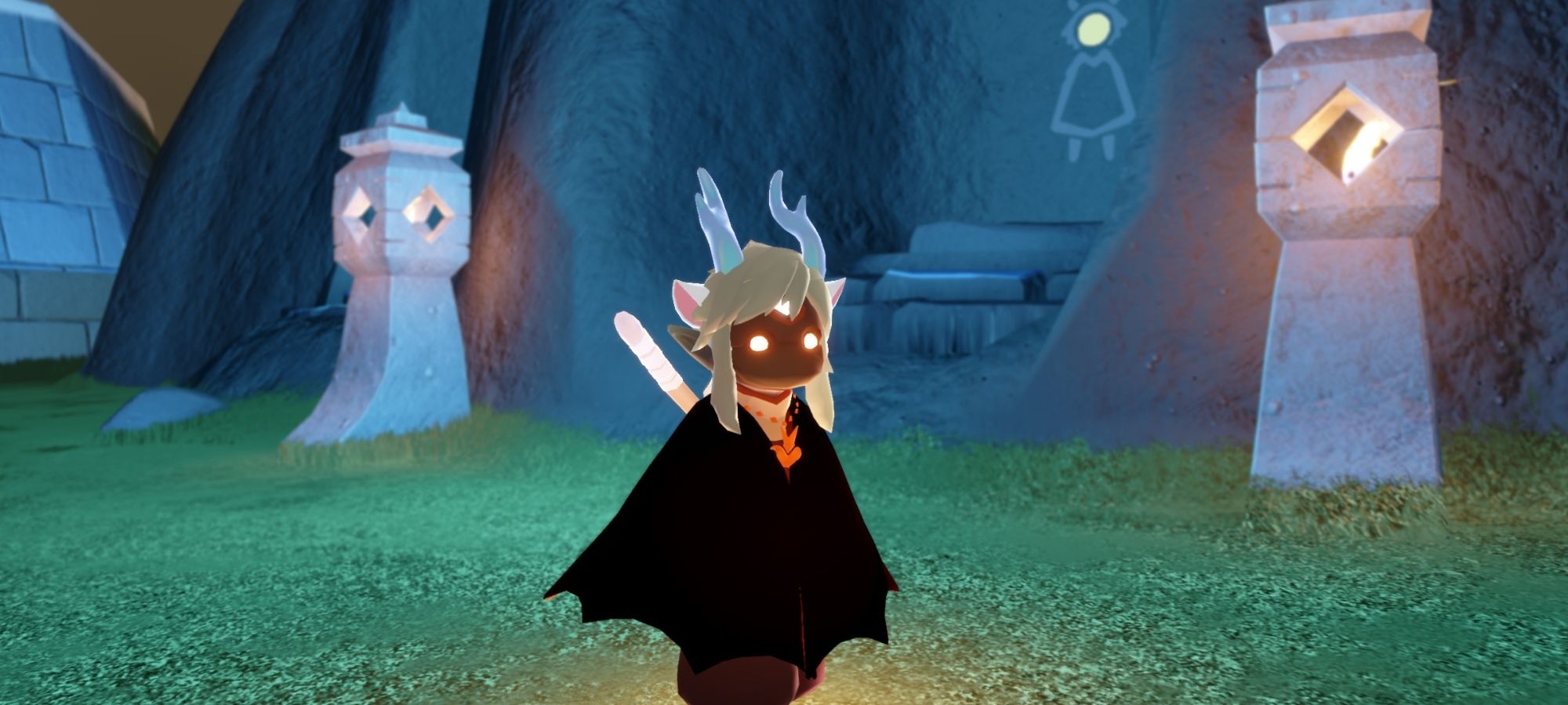 a screenshot of a sky children of the light player in the golden wasteland lobby. they're wearing the zelda link hair, with horns, chibi mask, the halloween cape, fire pants, etc.