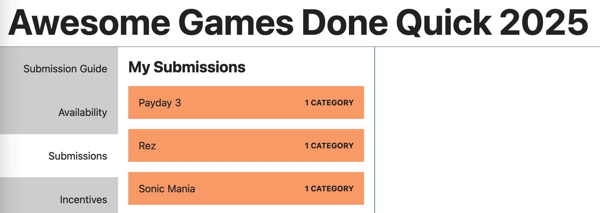 Awesome Games Done Quick 2025

My Submissions:
- Payday 3
- Rez
- Sonic Mania