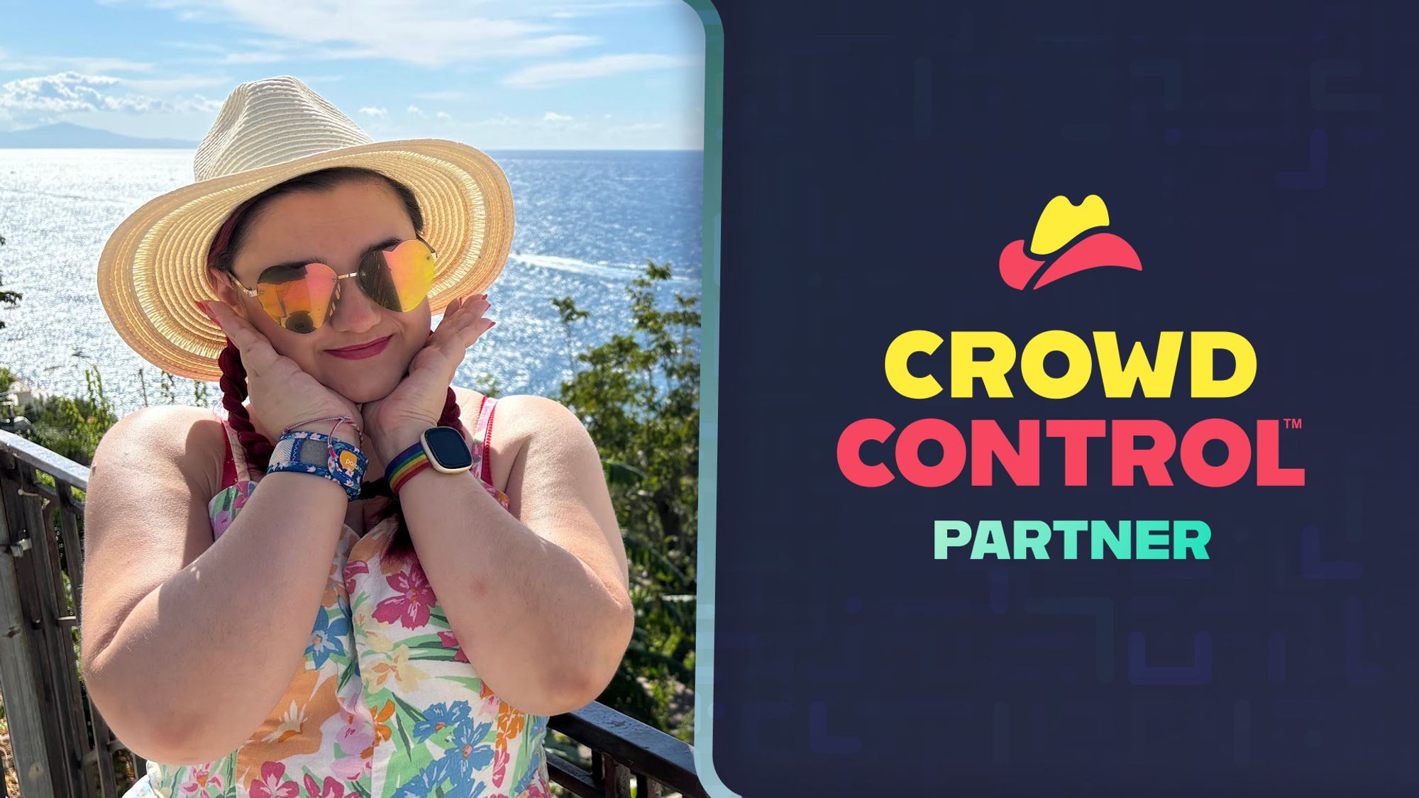 Left side: Crime in a hat with hands on her chin
Right side: Crowd Control Partner logo with text