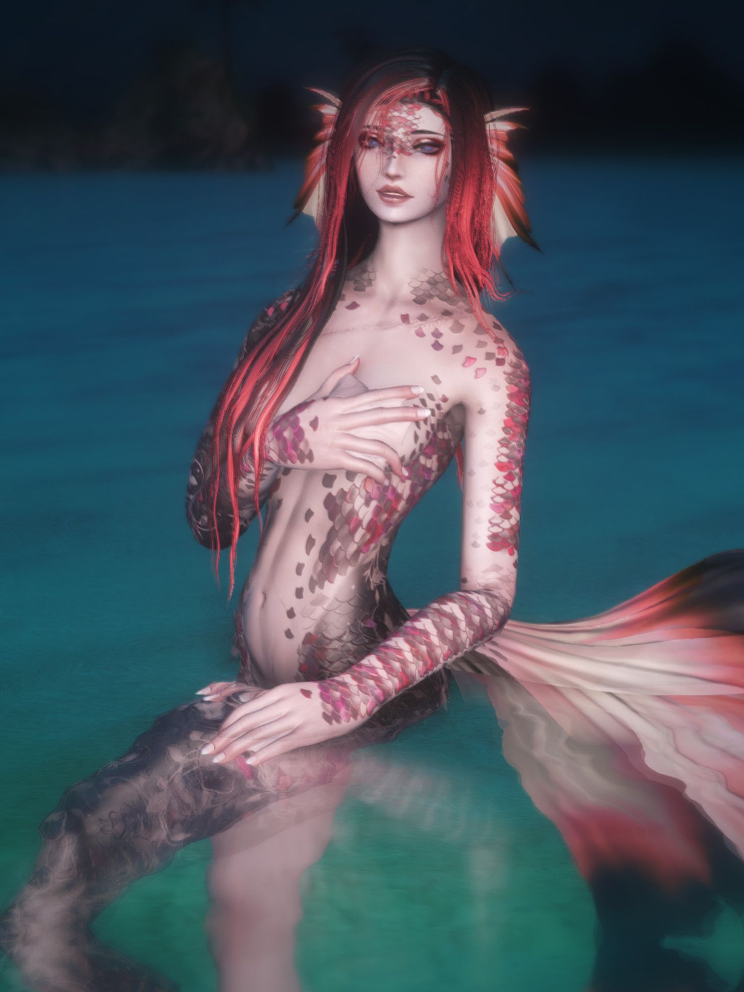 Picture from a video game of a naked fish-woman with scales and fins, her adult areas covered by her hand, hair, and leg.