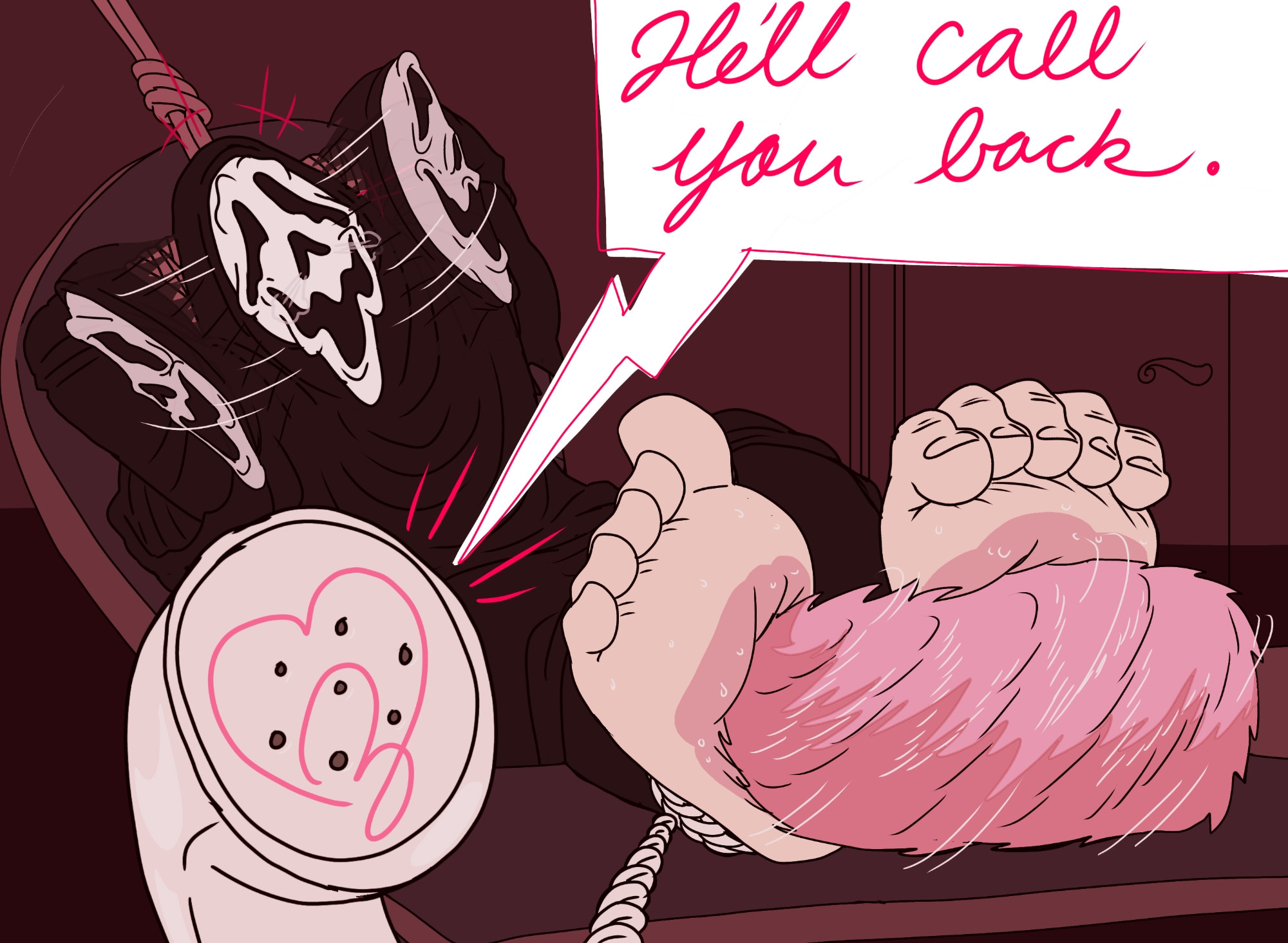 A person donning a Ghostface outfit has been bound to a chair with a rope, his feet raised onto a table, ankles bound by a telephone cord, and soles mercilessly buffered by a pink rotating brush. The person squirms helplessly, as the landline phone announces "He'll call you back." The "Scream" franchise is property of Spyglass Media Group.