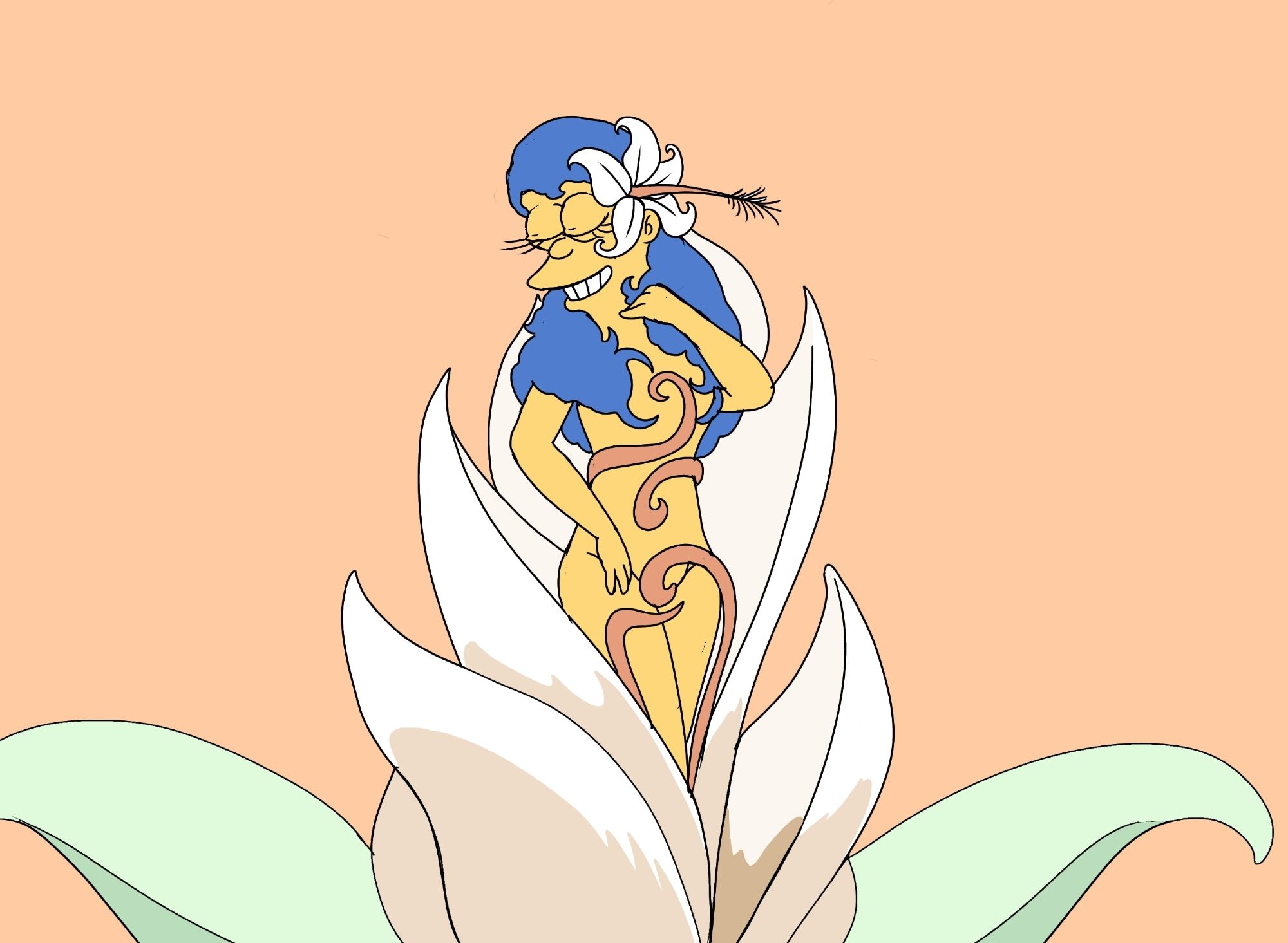 Previous drawing of Marge Simpson, nude, juxtaposed inside a blooming white lily, while the stamen wraps around her, artistically censoring her private areas. Her hair is down, and a white flower is placed behind her left ear. This version is without the glitter affect and the bright light in the background.