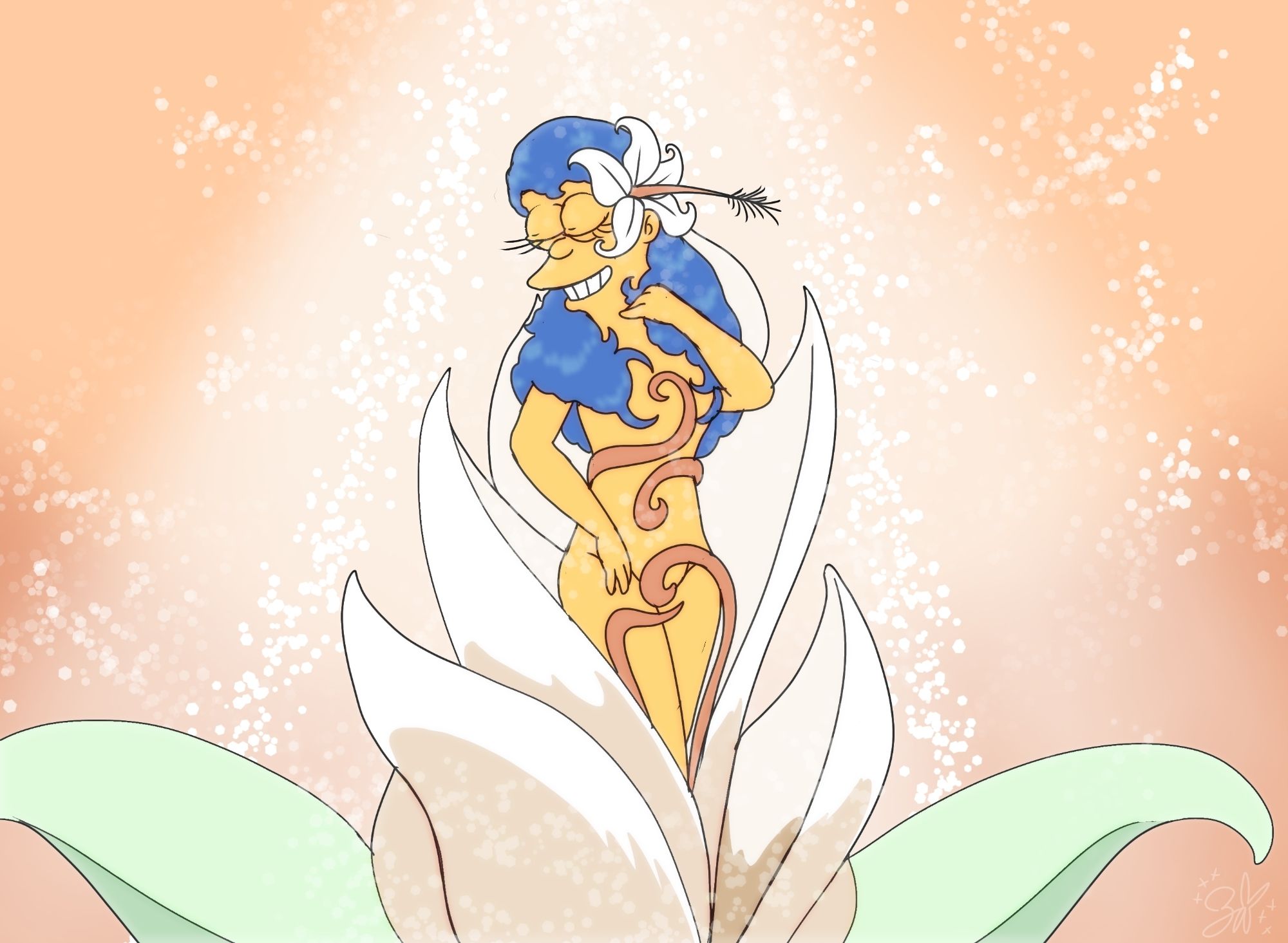 Drawing of Marge Simpson, nude, juxtaposed inside a blooming white lily, while the stamen wraps around her, artistically censoring her private areas. Her hair is down, and a white flower is placed behind her left ear, while a bright light shines from above, with a glittery affect about her.