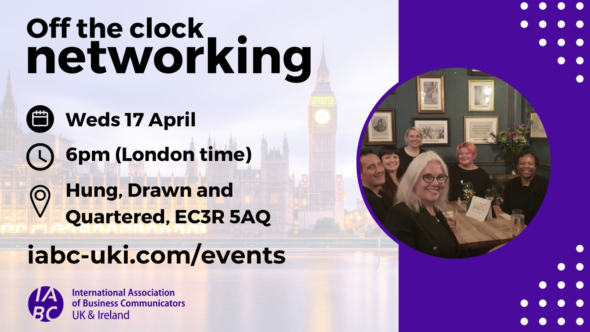 Off the clock networking, Weds 17 April, 6pm London Time at Hung Drawn and Quartered, EC3R 5AQ - a group of comms pros sitting around a table in a pub