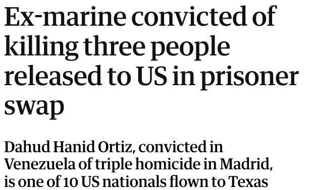 Ex-marine convicted of killing three people released to US in prisoner swap

Dahud Hanid Ortiz, convicted in Venezuela of triple homicide in Madrid, is one of 10 US nationals flown to Texas