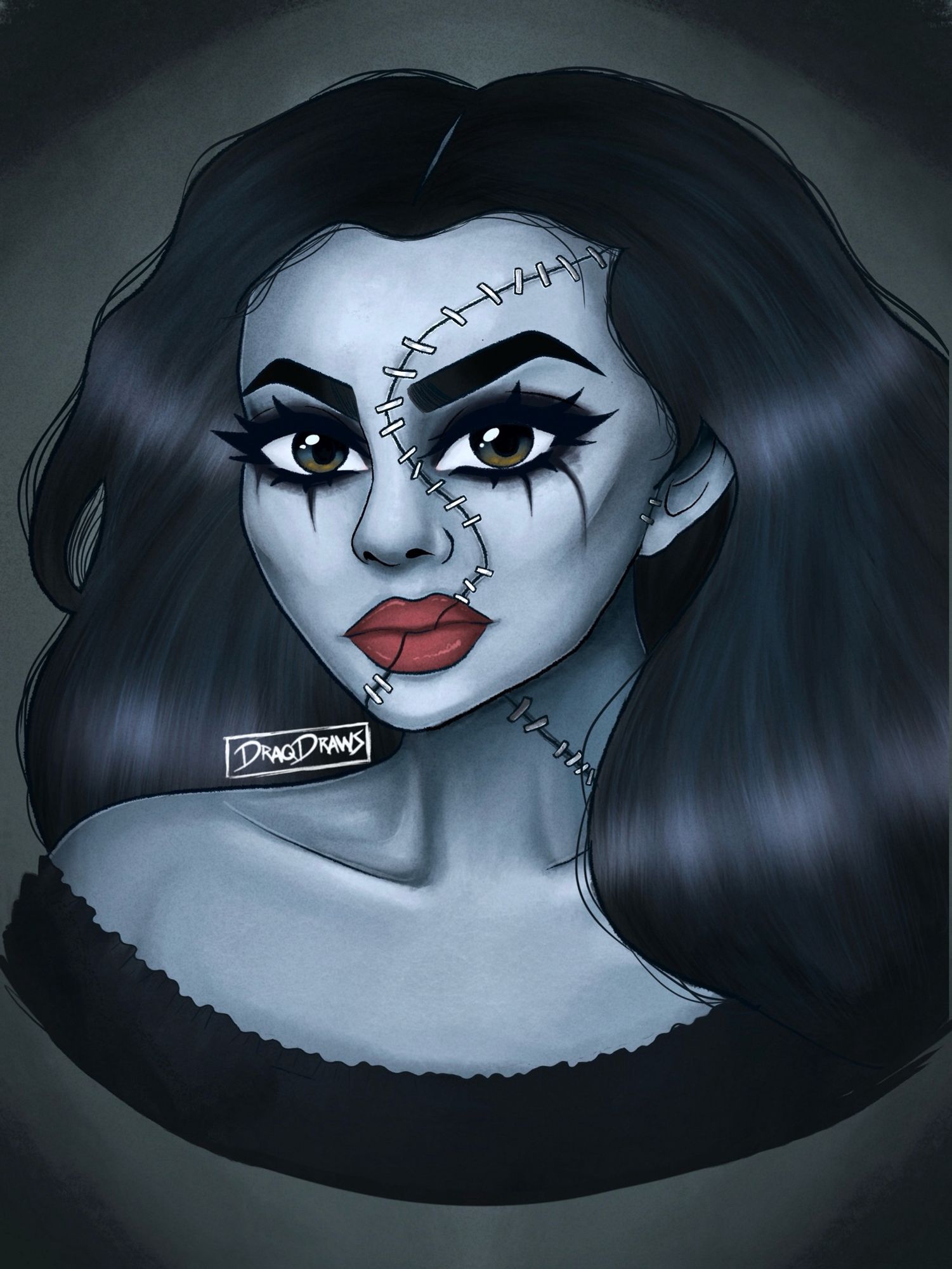 An illustration of Delores from Beetlejuice Beetlejuice; the artist did a photo study to challenge themself with shading and complex face positions.