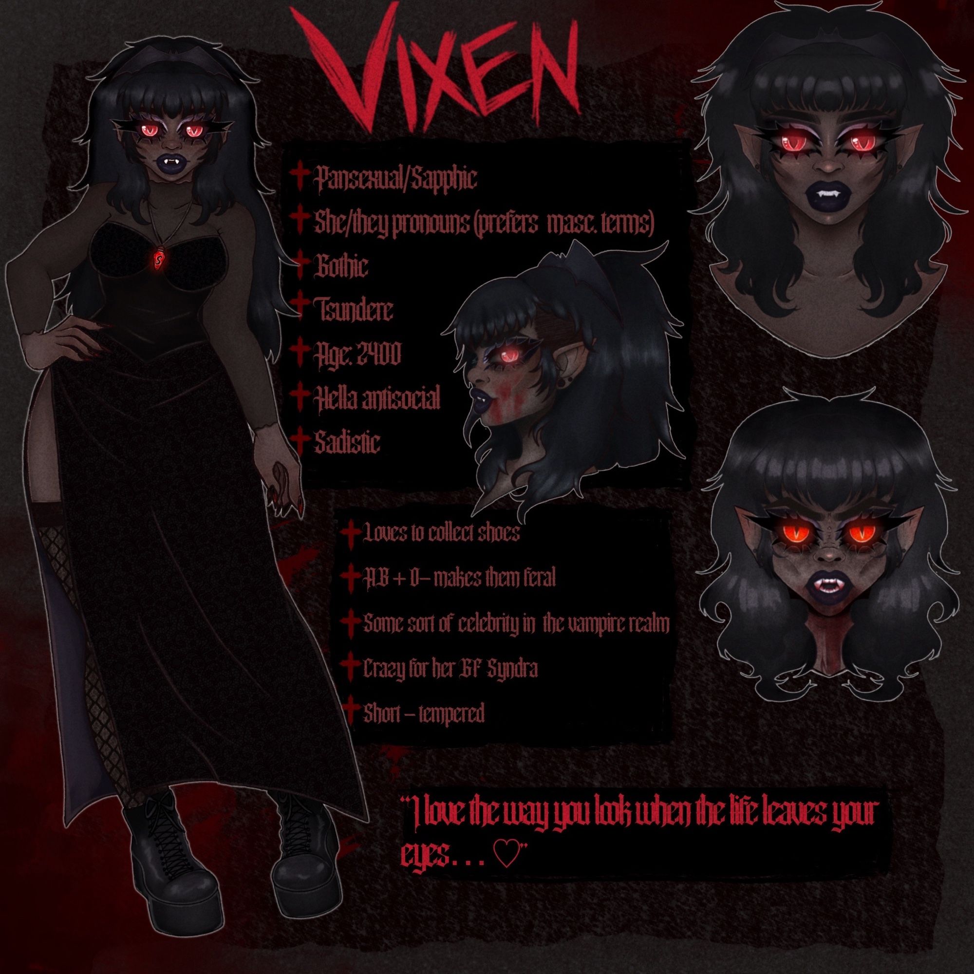 An illustration of Draq’s Original Character (OC) Vixen in a character sheet format that has information about their character.