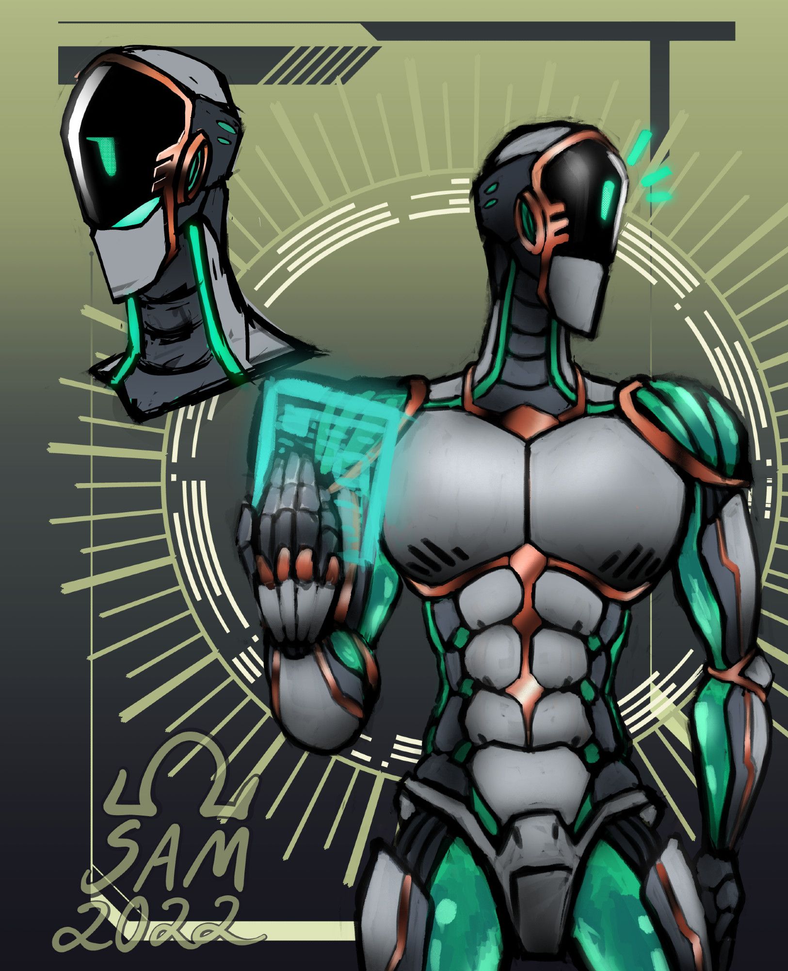 A cyberpunk/futuristic concept design of my warforged, Issac, who is originally in a fantasy setting. Grey metal plating with smooth green gel like surfaces across the undersides of his arms and legs. Accented with rose gold lining throughout the body. The top half of his face is a screen displaying one glowing green eye.