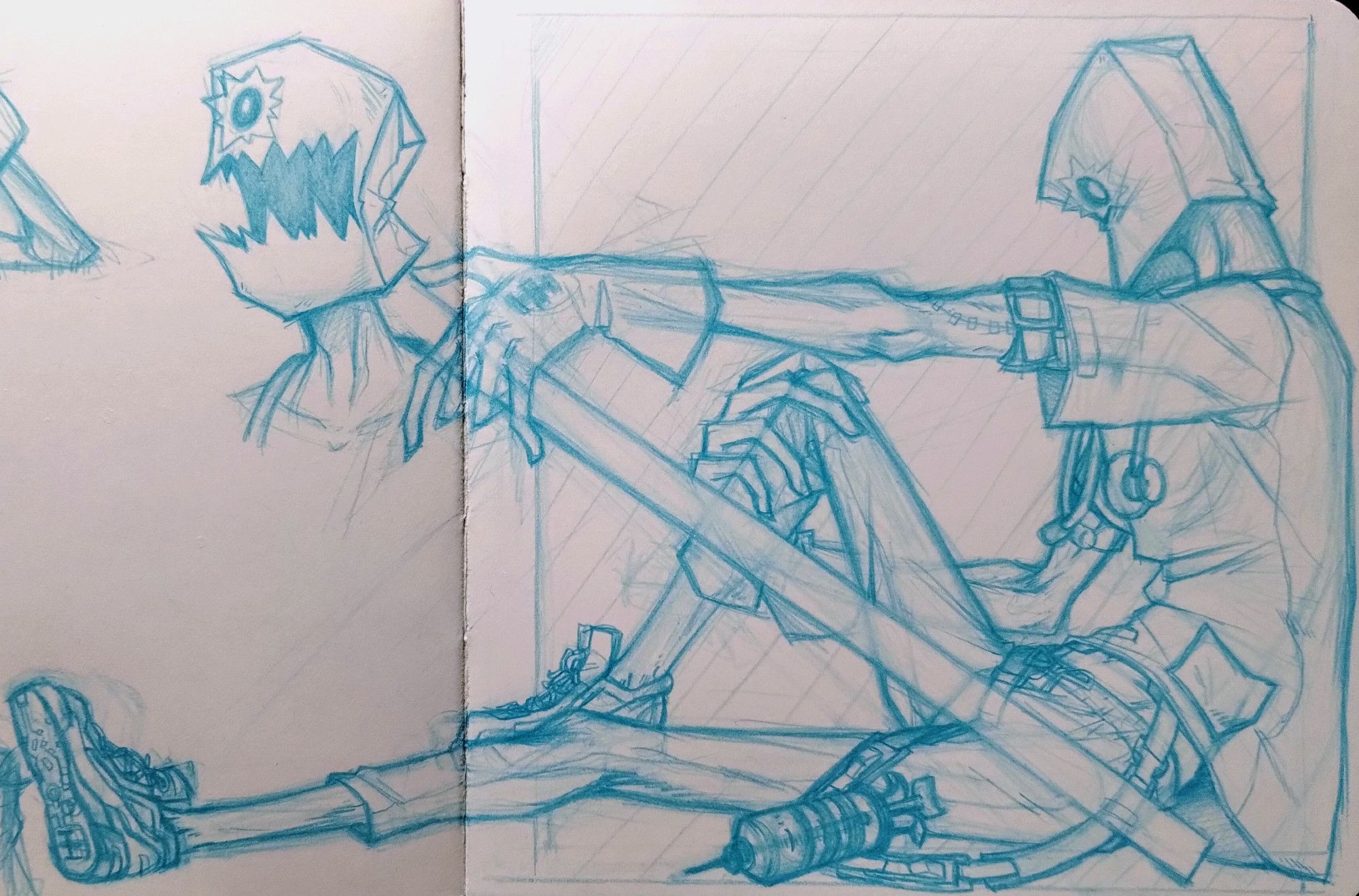 Sketch of Faust from Guilty Gear Strive. Sitting on ground, left leg stretched out and right leg pulled inward by right hand. Left arm stretched out holding scalpel at a 45 degree angle to the ground.