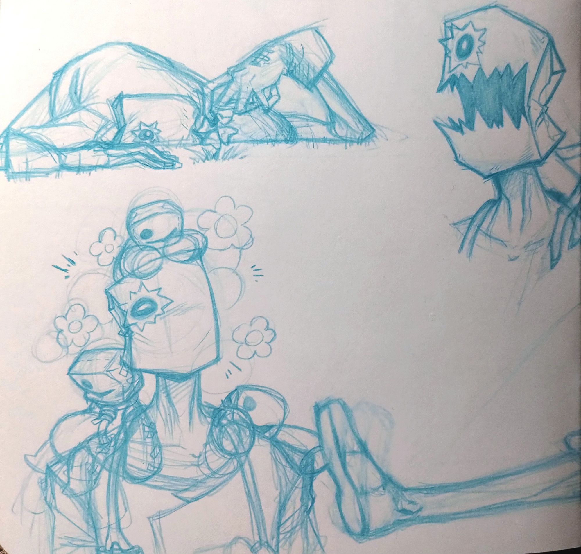 3 sketches of Faust from Guilty Gear Strive. 1/3: Laying on ground with right side of head touching the ground. Right hand reaching to touch a clover. 2/3: Portrait of Faust with paper bag is ripped open to form a jagged mouth. 3/3: Bust of Faust happy with 3 Mini-Fausts; one sitting on his right shoulder, another hanging off of his left shoulder, and one on top of his head.