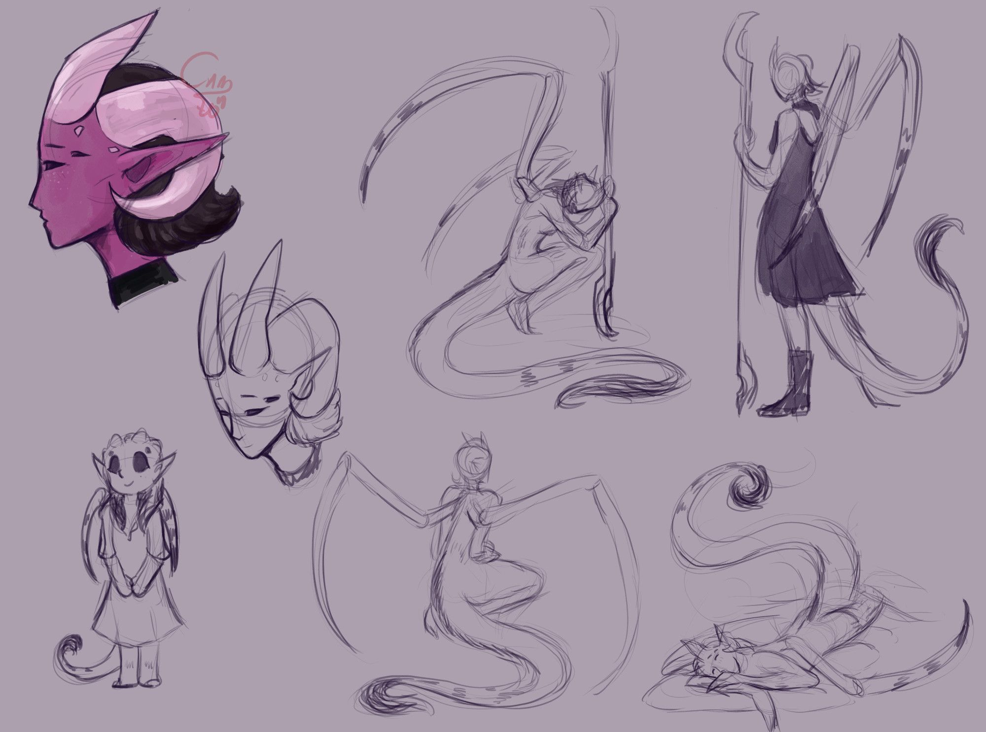 A collection of drawings of a slightly magenta skin toned tiefling, with four bright pink horns and dark brown, almost black hair. She has two spider legs growing out of her back, and a long tail. There is also a sketch of her as a child.