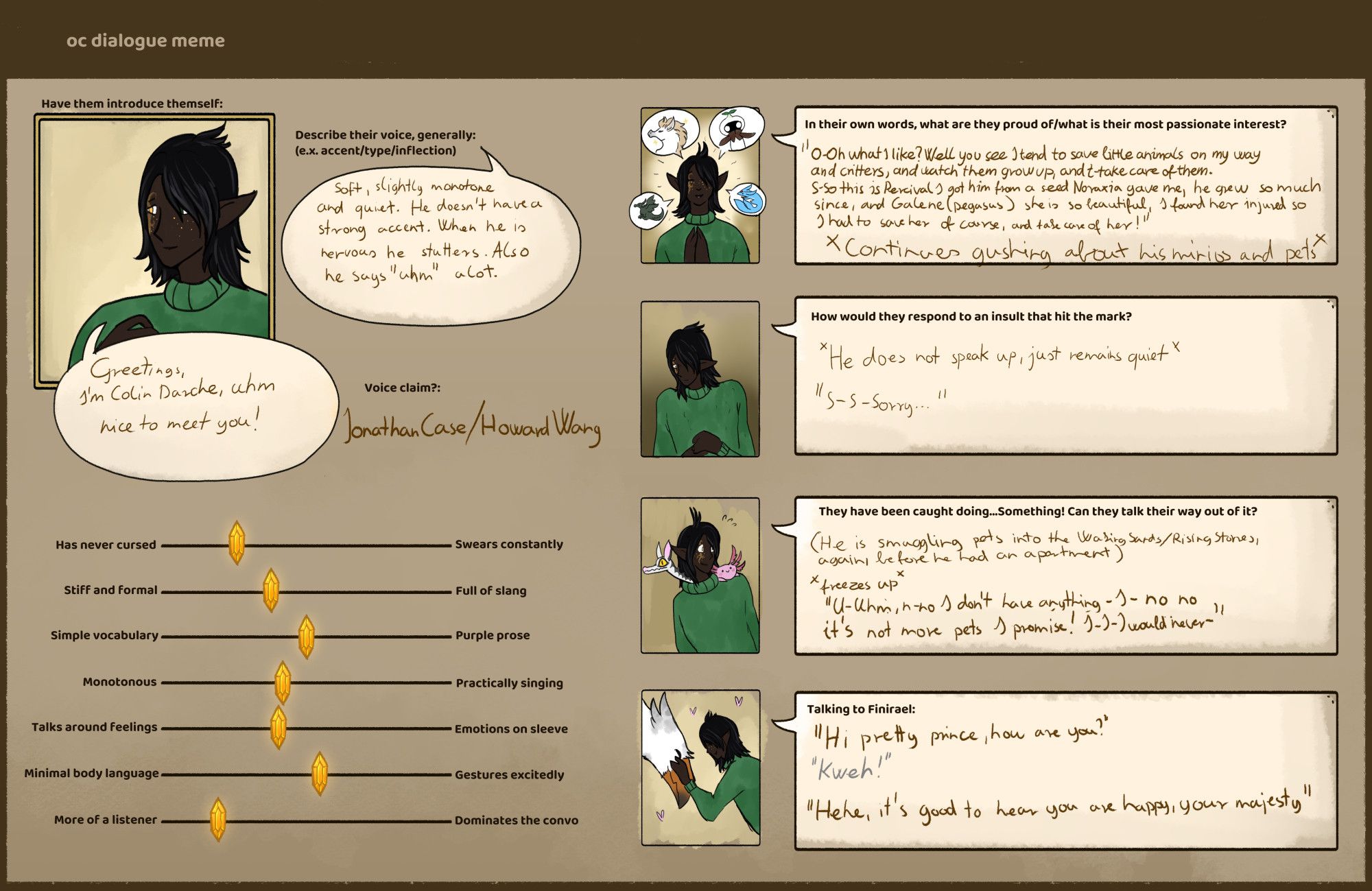 An introduction art of Colin with dialogues. The palette is a soft brown, and the graphs use a yellow crystal to show his tendencies. There are multiple questions, sadly too long for alt text :(