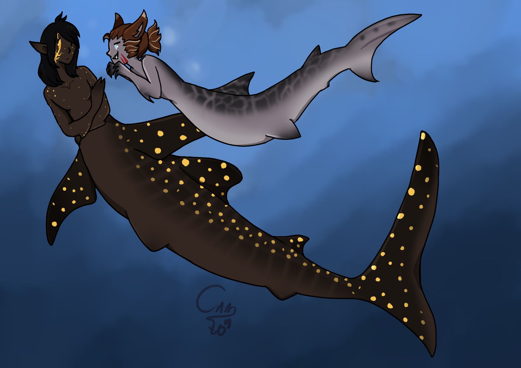 The image depicts two merman, one is a large brown one reminescent of a whaleshark, with yellow dots on his body. The other who is a tiger shark inspired character pesters whaleshark merman.