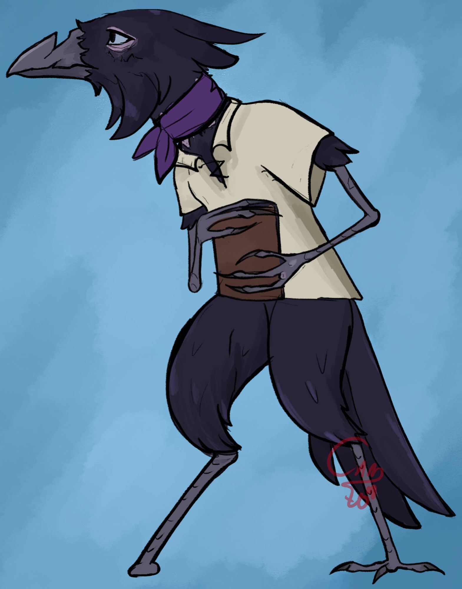 The art depicts an elderly kenku, with a deformed beak, with visible cracks. Her eyes are blue, and lookes to the side as she clutches a weathered journal with her thin hands. One of her legs is missing all fingers.