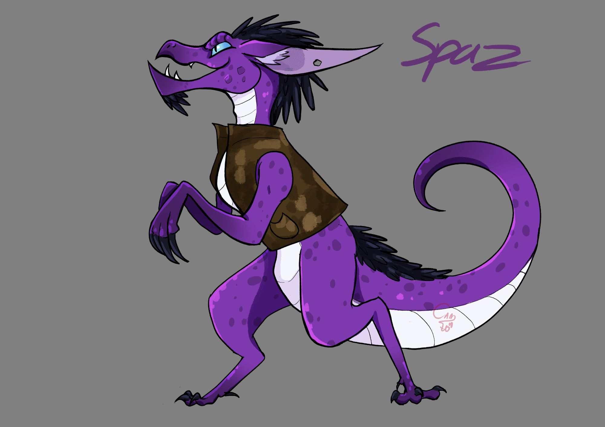 The image depicts a purple, spotted kobold with white belly. He has sharp features, and dark purple feathery mane. His bright blue eyes look mischievously at the side, as he is wearing a worn leather jacket.