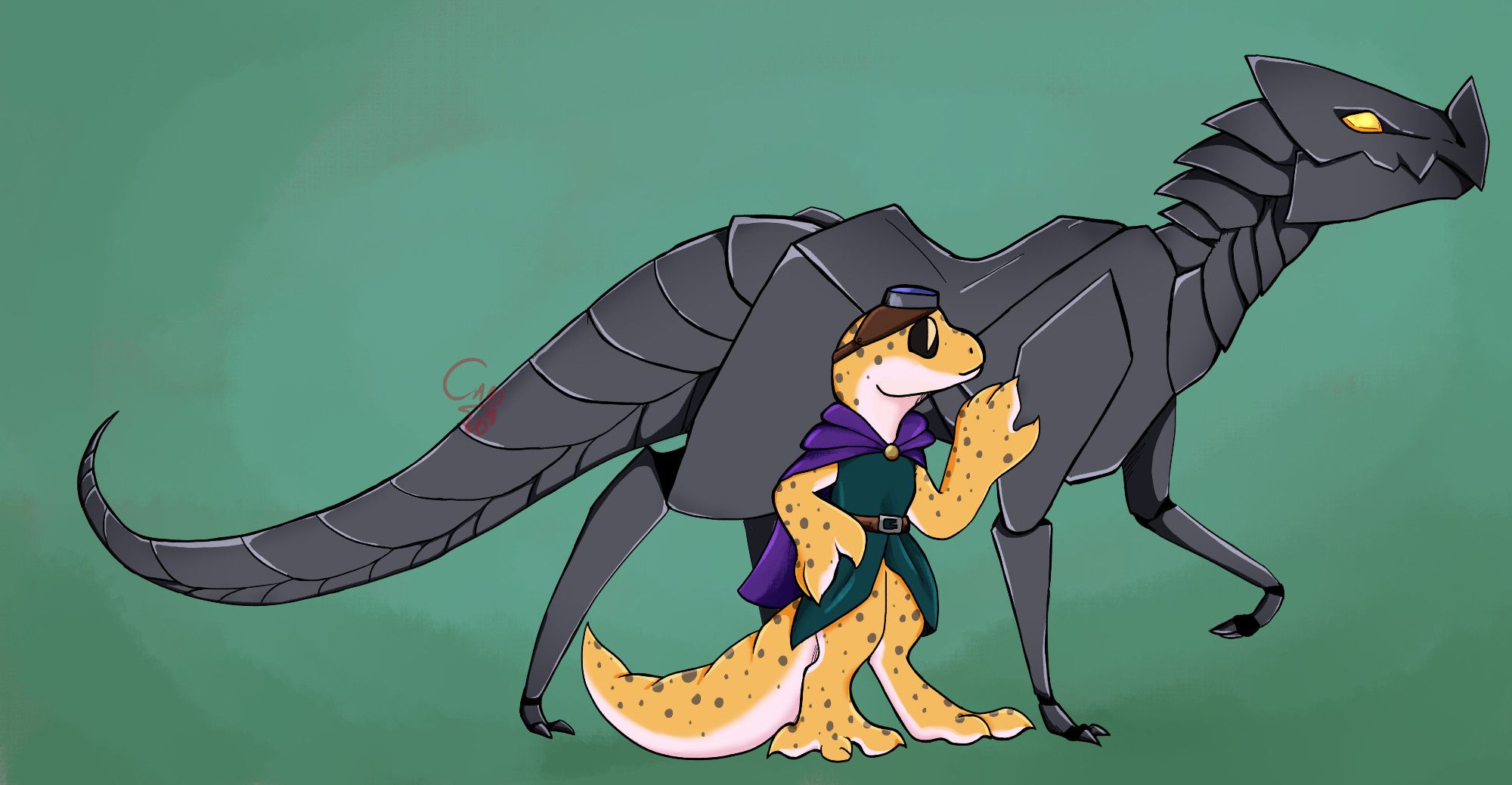 The image depicts a kobold who is inspired by leopard geckos. He has large eyes hands and feet, and overall looks squishy. He is wearing a green tunic and a simple purple cloak along with some shade goggles on top of his head. He is patting his companion proudly, who is a metal drake with four legs that were made for running. Instead of eyes he has bright yellow gems.