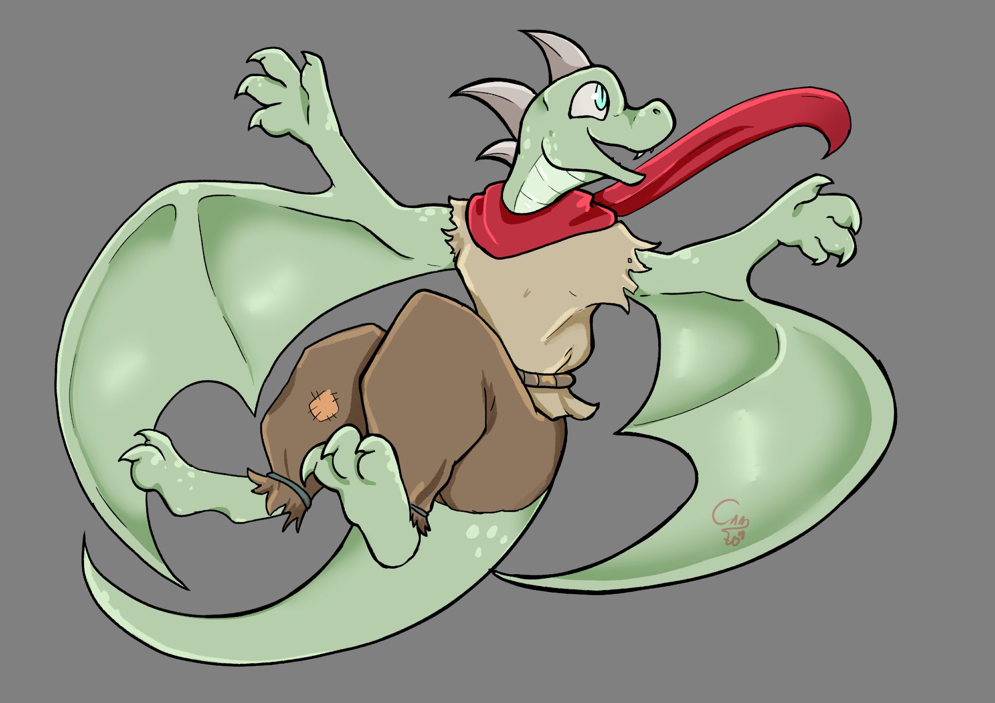 The image depicts a pastel green colored kobold, arms spread out as he has wings growing on them. There are three spikes on their head. They wear worn brown shirt and pants, and a bright red scarf. They are looking to the side with their bright blue eyes, smiling