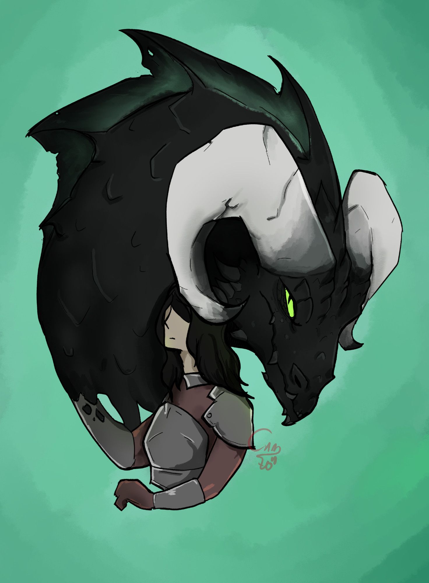 The image depicts a black haired human woman wearing armor. Her hand morphs into the form of a large portrait of a D&D inspired black dragon. She looks concerned, as her bright green glances to the side.