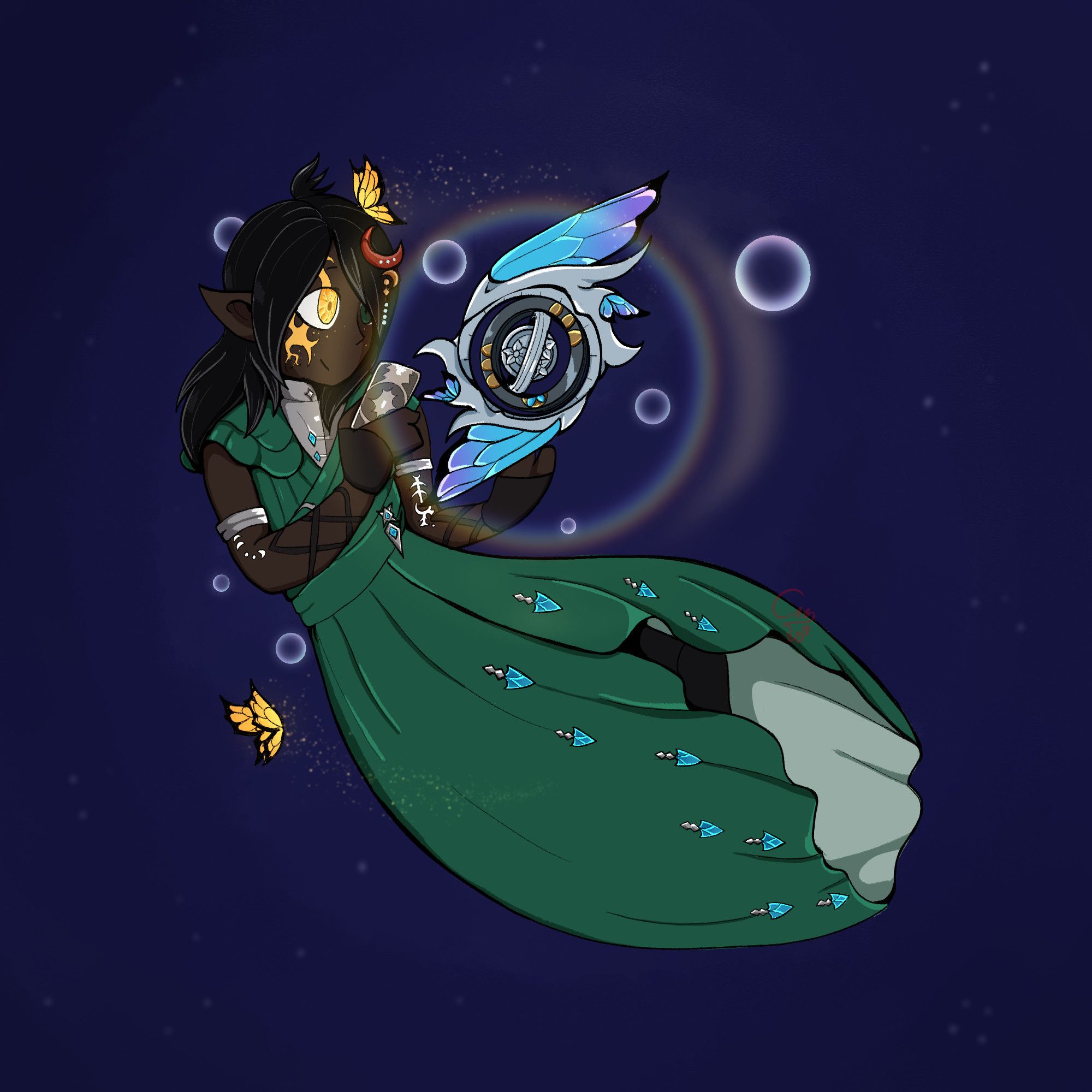 The image depicts a dark skinned elezen holding an astrolabe decorated with butterfly wings. He also holds a card in the other. He has bright crystallised yellow eye, and green, as he is wearing a deep green dress, with silver and blue crystal decoration. There is a moon shaped pin his hair. 
There are bubbles and butterflies flying around him as he floats in the "night sky"