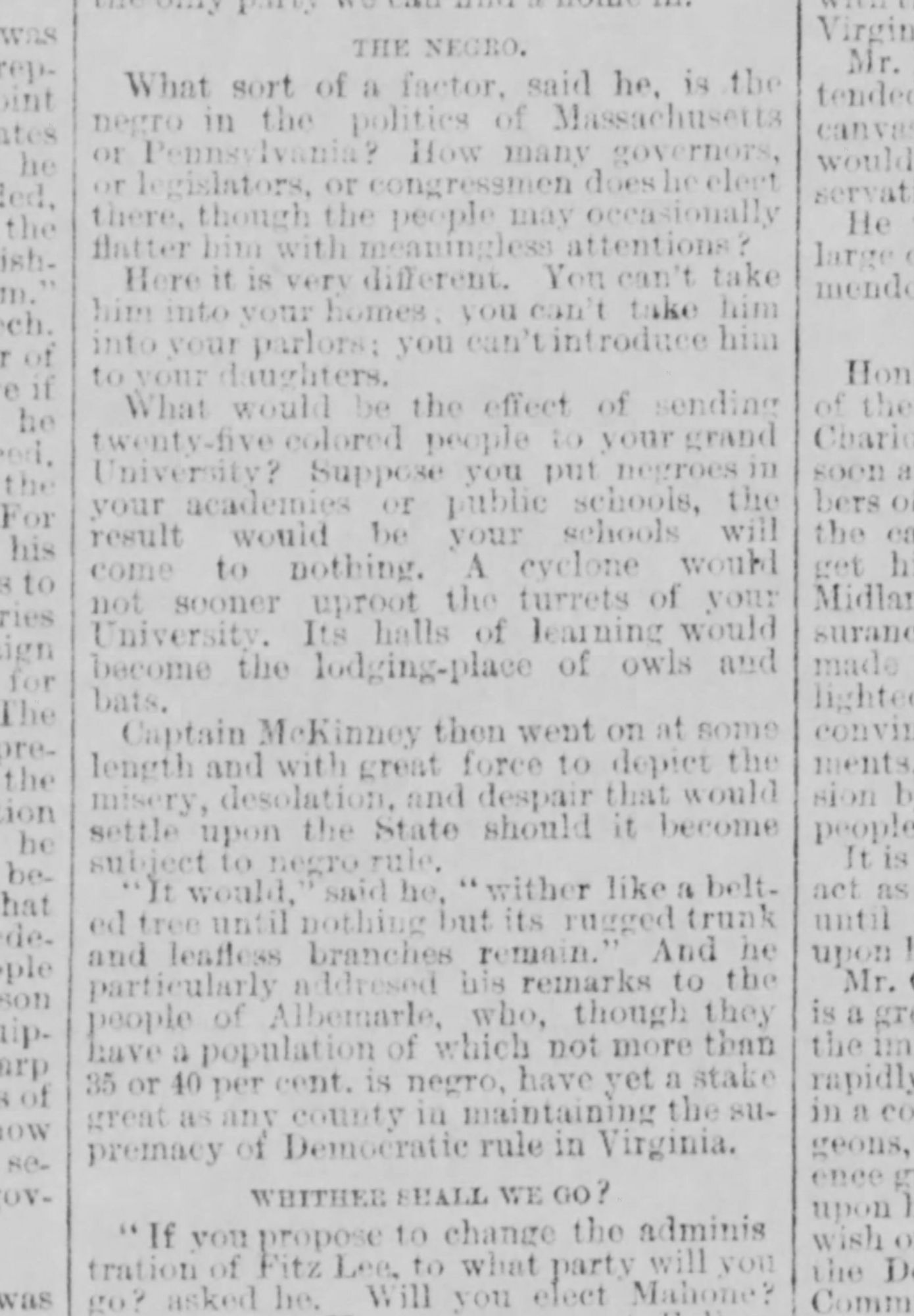 Excerpt from a campaign speech by Democratic candidate Philip McKinney (Virginia) in which he warns against Black education and political power, from the Richmond Dispatch, September 30, 1898. McKinney won.