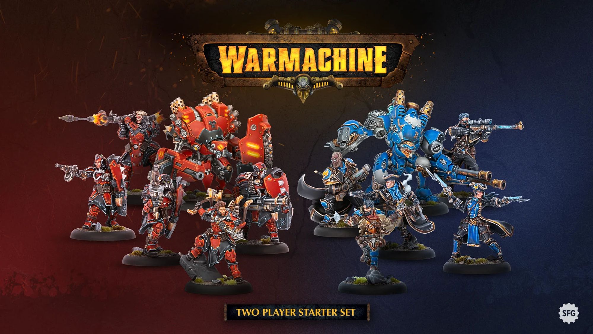 Image shows two Warmachine warbands by Steamforged Games, with red Khador units on the left and blue Cygnar units on the right, against a dark background with the text "Warmachine: New Dawn."