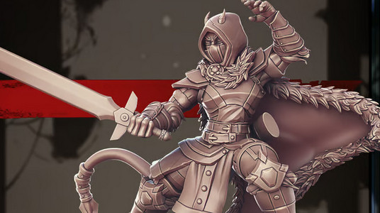 A 3D render of a female Tiefling ranger miniature with a sword